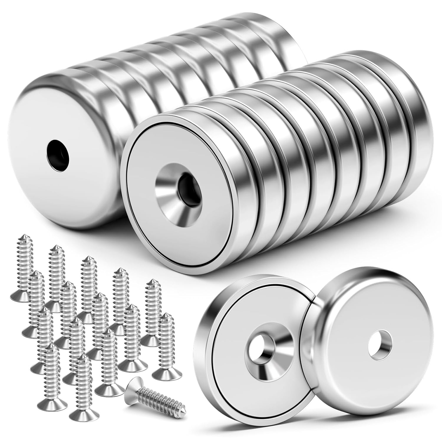 16Pack 40LBS Strong Magnets with Holes, Round Cup Magnets with Screws for Wall M