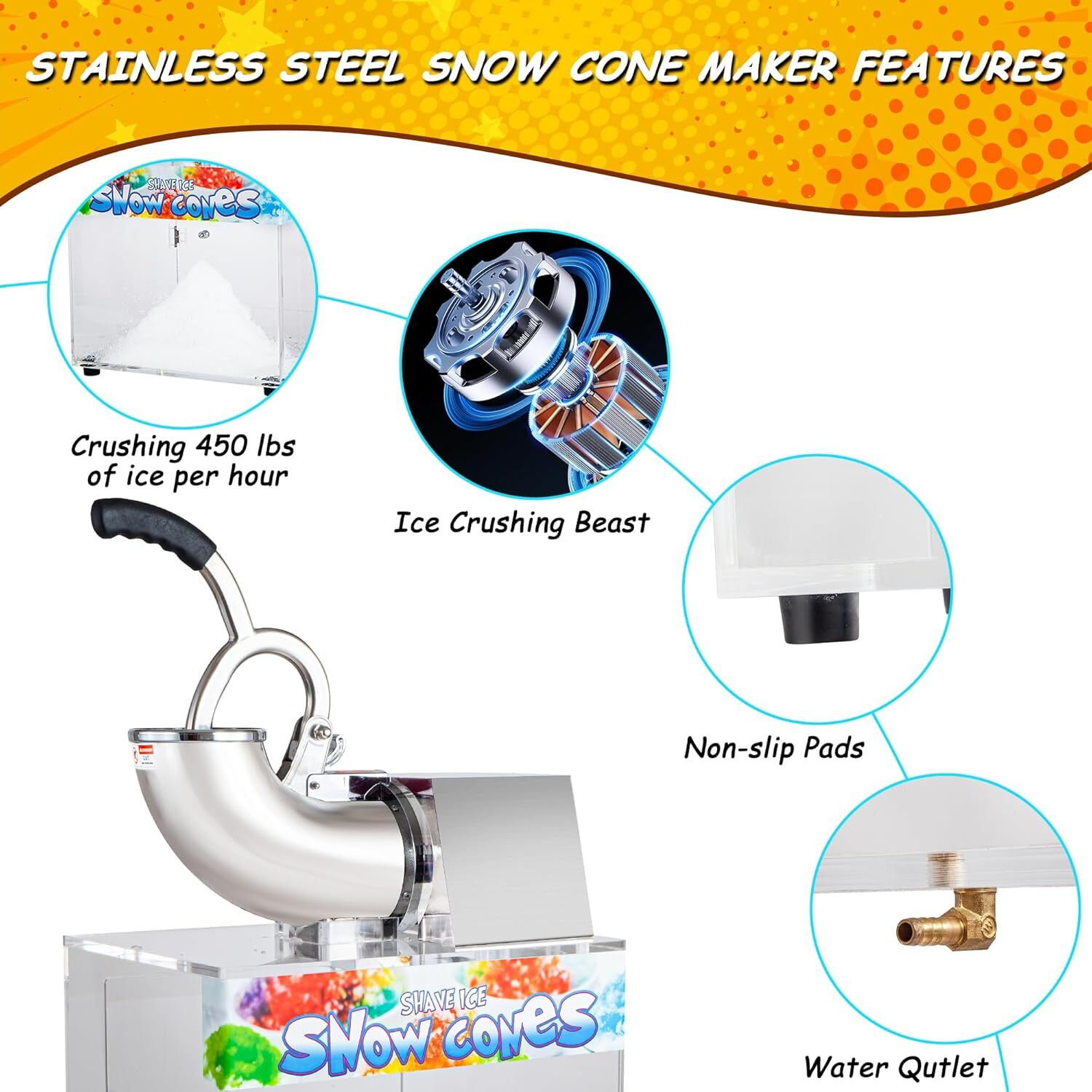 500LBS/H 300W Commercial Snow Cone Machine Ice Shaver Ice Crusher for Snow Cones