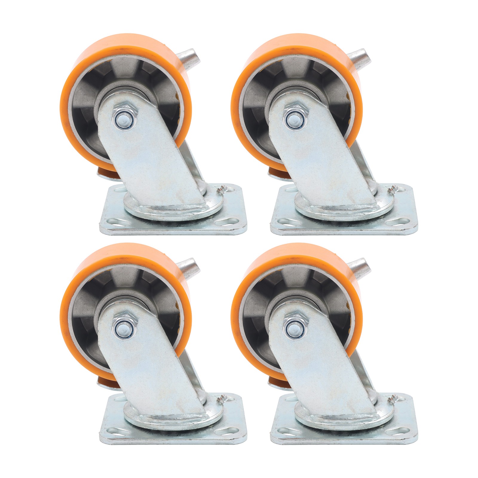 4″ Side Brake Polyurethane Plate Casters, 3200 Pounds, Silver + Qrange, 4 Pieces