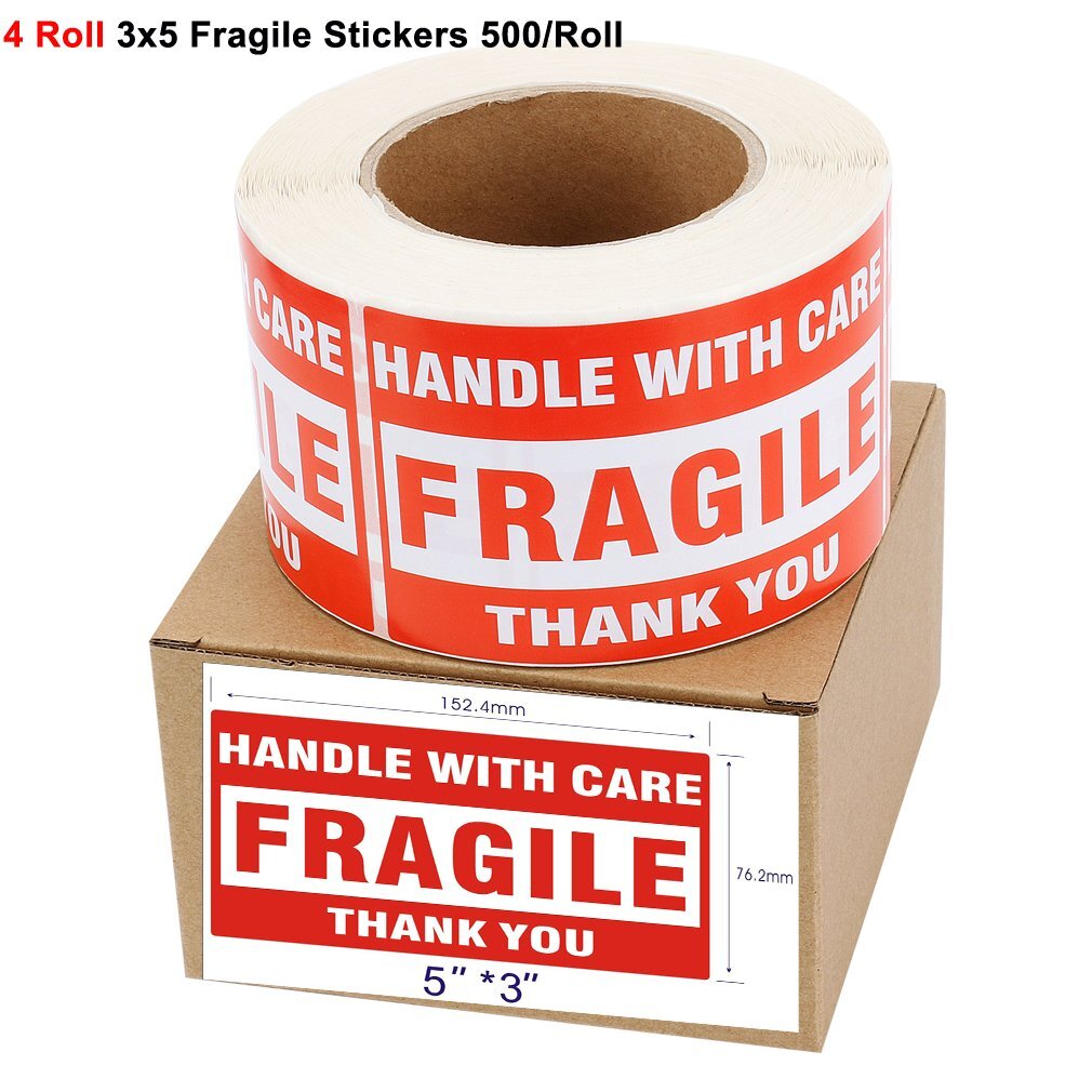 2000 4 Rolls 500/Roll LARGE 3×5 Fragile Stickers Handle With Care Shipping Label