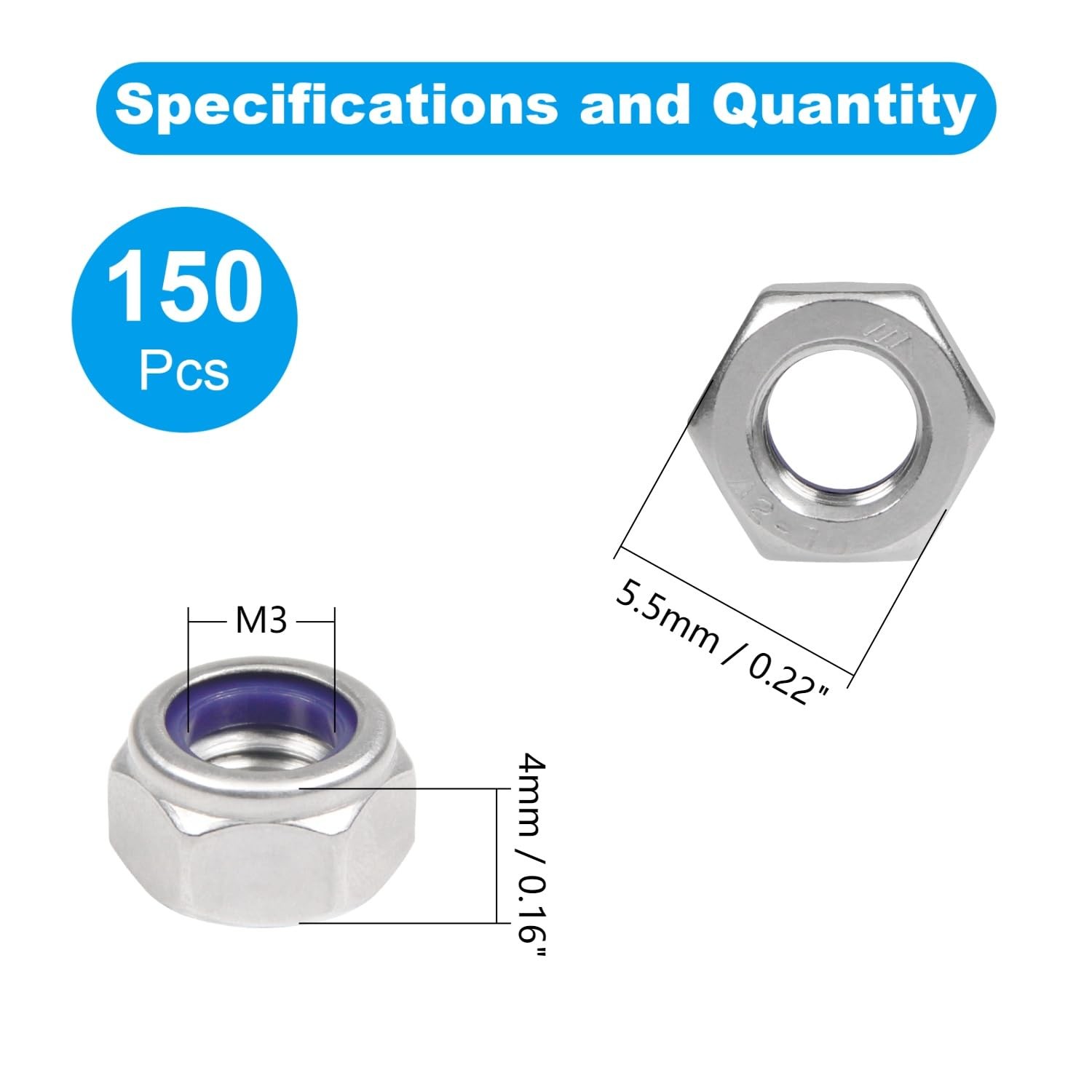150PCS M3 Locknuts M3x0.5mm Nylon Insert Hex Lock Nuts 304 Stainless Steel Me…