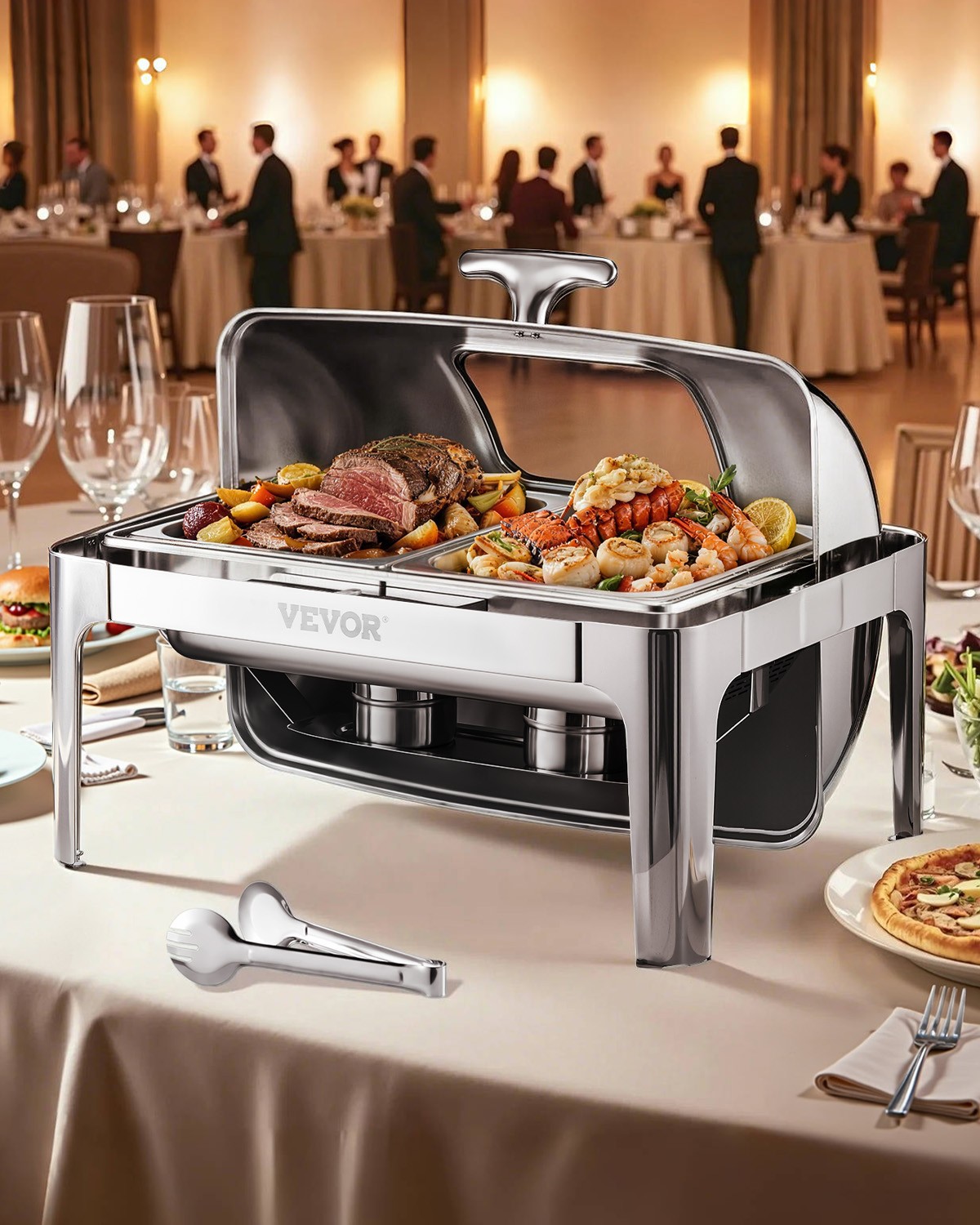 9Qt 1 Pack Rectangle Roll Top Chafing Dish Set 2 Half Size Pans Stainless Steel