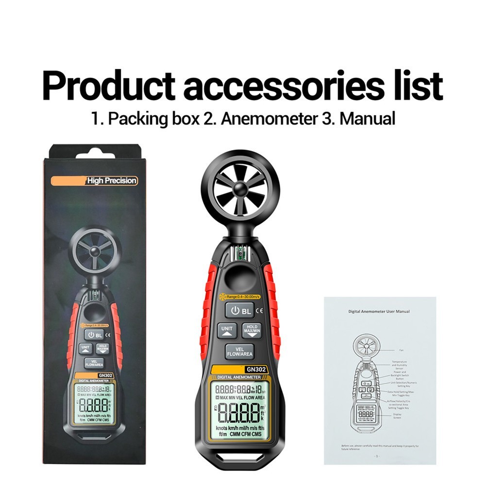 Handheld Anemometer HVAC Airflow Meter Accuracy ±2% ±2°C Measures 0.4-30.00 M/s