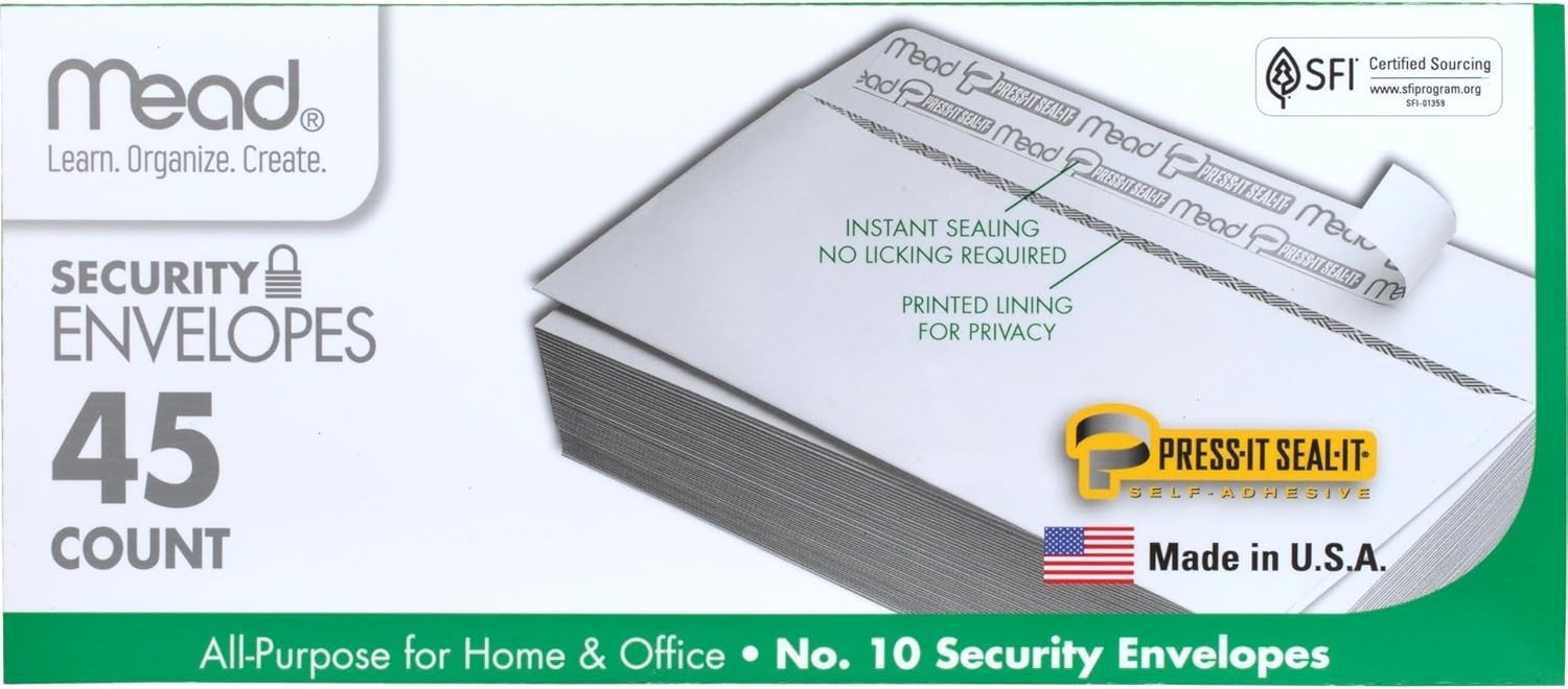 Durable White Security Envelopes – 45 Count, 20 lb Paper, Peel & Seal Design