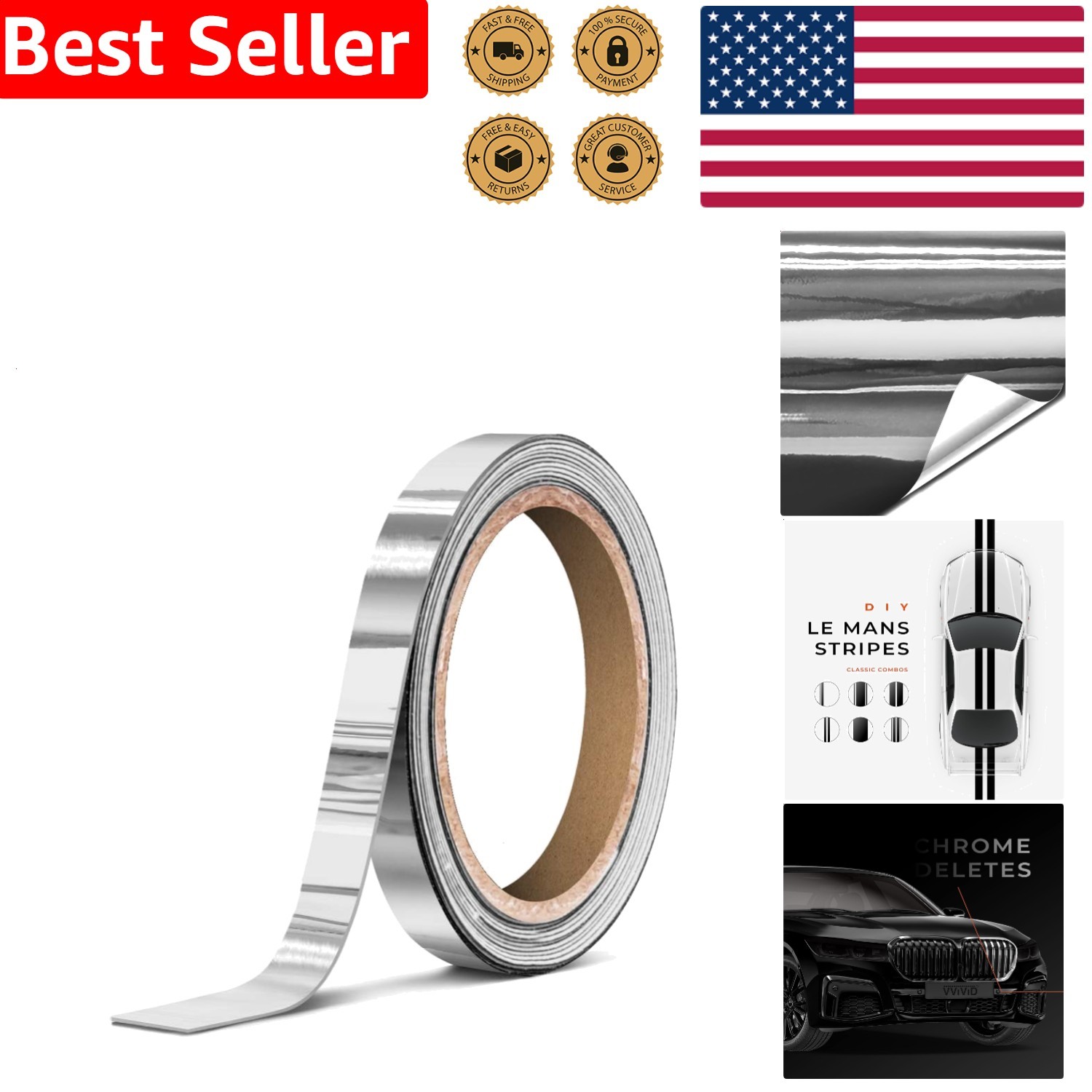 Vinyl Tape Gloss Silver Chrome Air-Release Wrap Roll 1/4in x 30ft Car