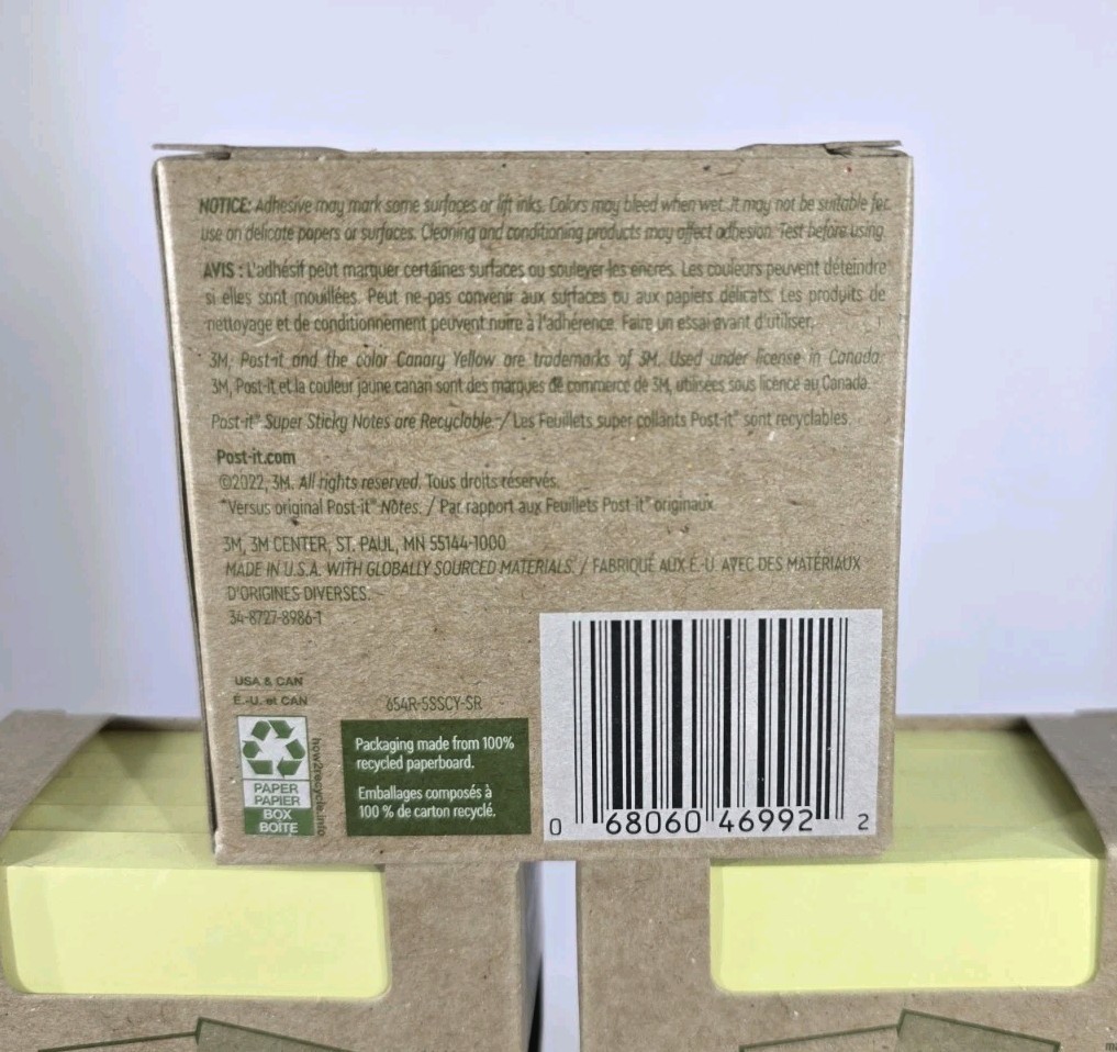 40 pads Post-it Recycled Super Sticky Notes Canary Yellow 3″x3″ 5 pads per pack