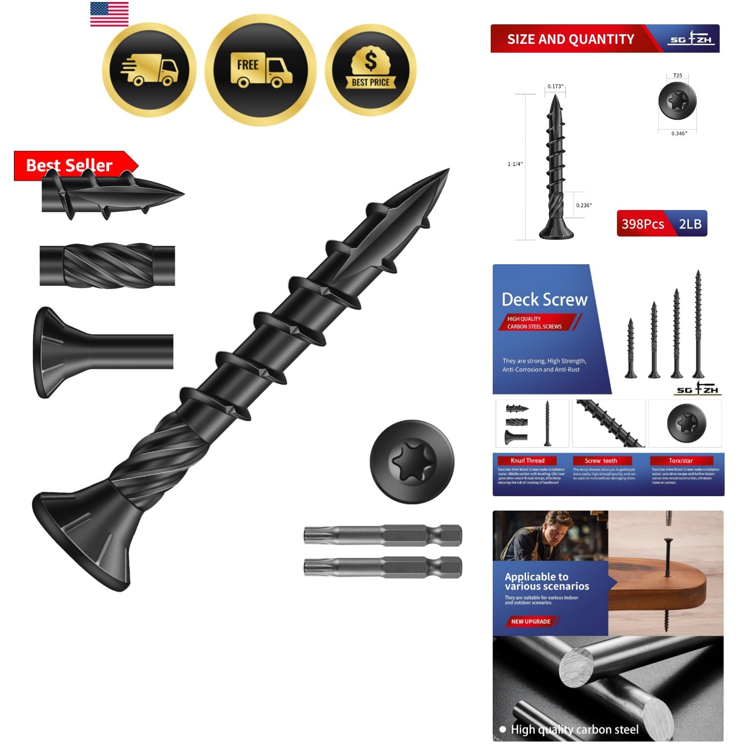 x 1-1/4″ Deck Screws 398Pcs 2lb. Carbon Steel, Black, Flat Head, Rust Resista…