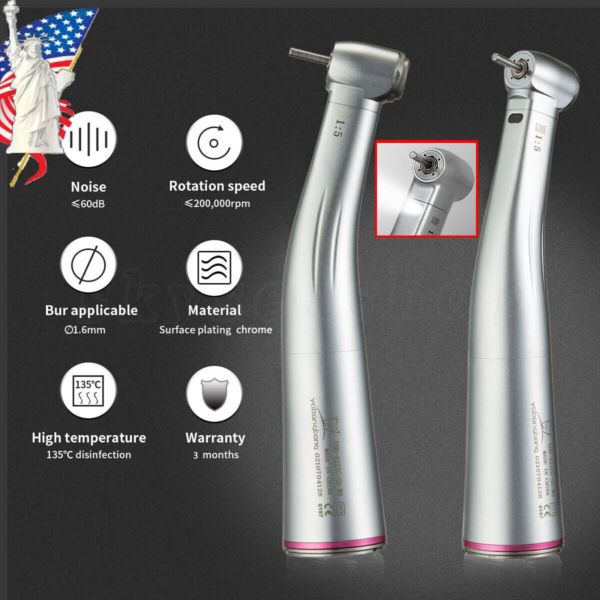 Dental 1:5 Optic LED Contra Angle Increasing Handpiece Fit NSK Electric Motor CE
