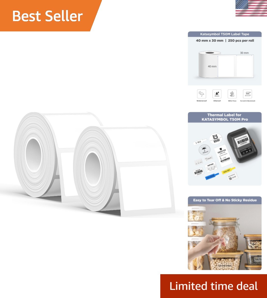 T50M Series Label Maker Tape, 2 Rolls 1.57” × 1.18” 40mm × 30mm 250 Labels/…