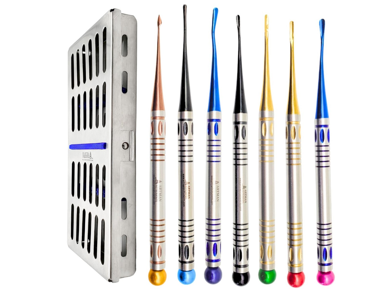 Set of 7 Mini Root Elevators with Plasma Coated Tips and Cassette ARTMAN