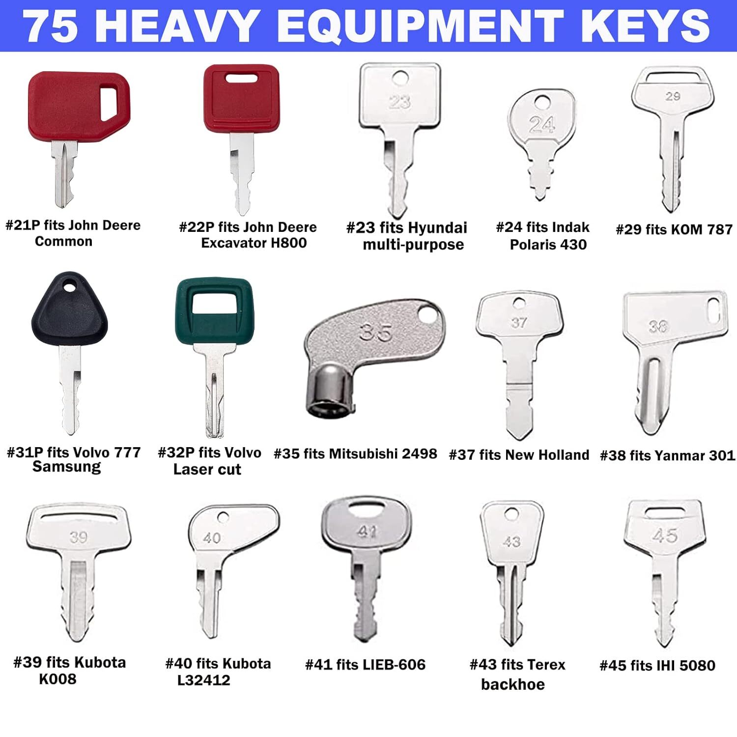 75 Heavy Machinery Equipment Key Bobcat JD Case JLG JCB Kubota Volvo CAT Komatsu