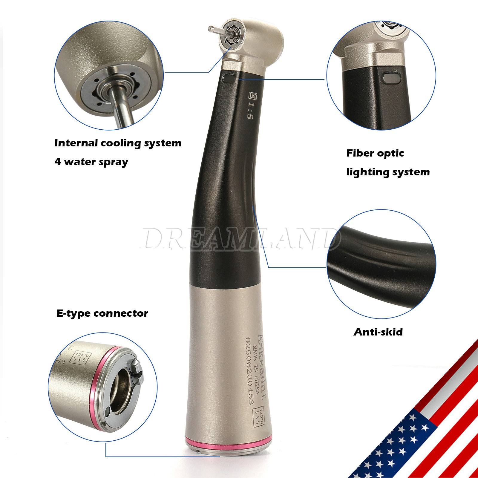 Fit NSK NL400 Dental Electric Motor +1:5 Handpiece LED Fiber Optic Contra Angle