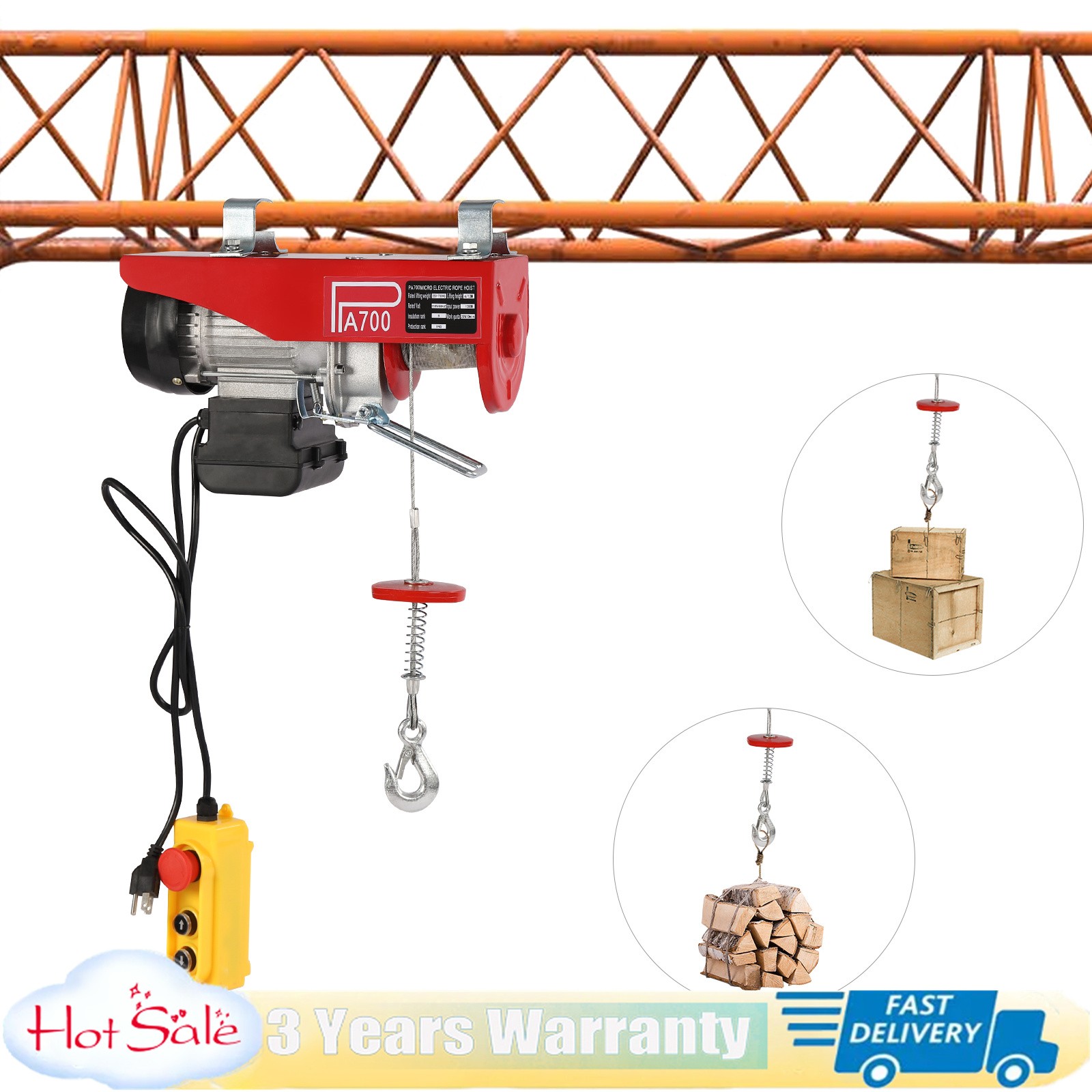 Electric Hoist PA700 1543lbs Lift with Wired Remote Control 110V