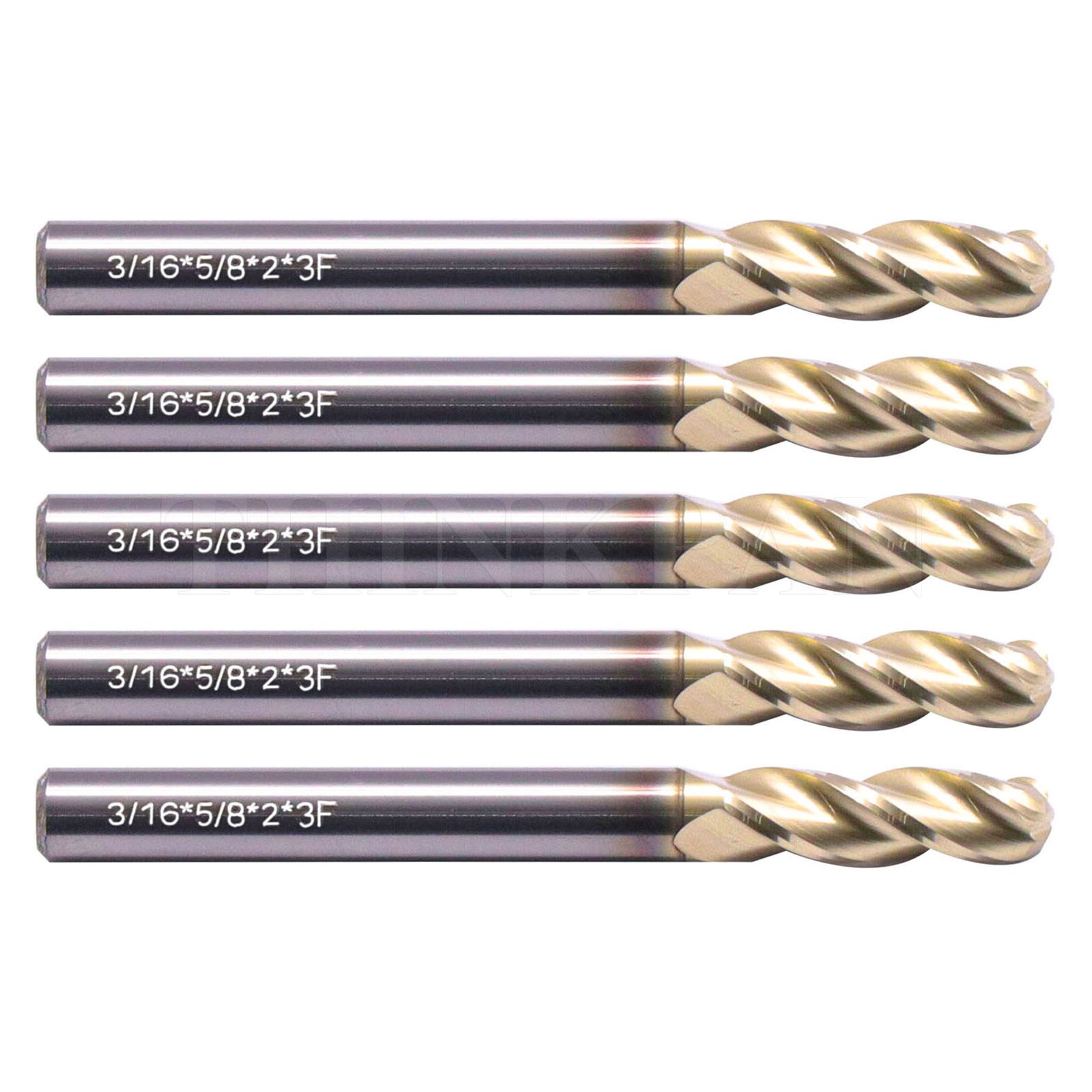 5Pcs 3/16″ 3 Flute Ball Nose Carbide 37° Heix End Mill For Aluminum – ZrN Coated