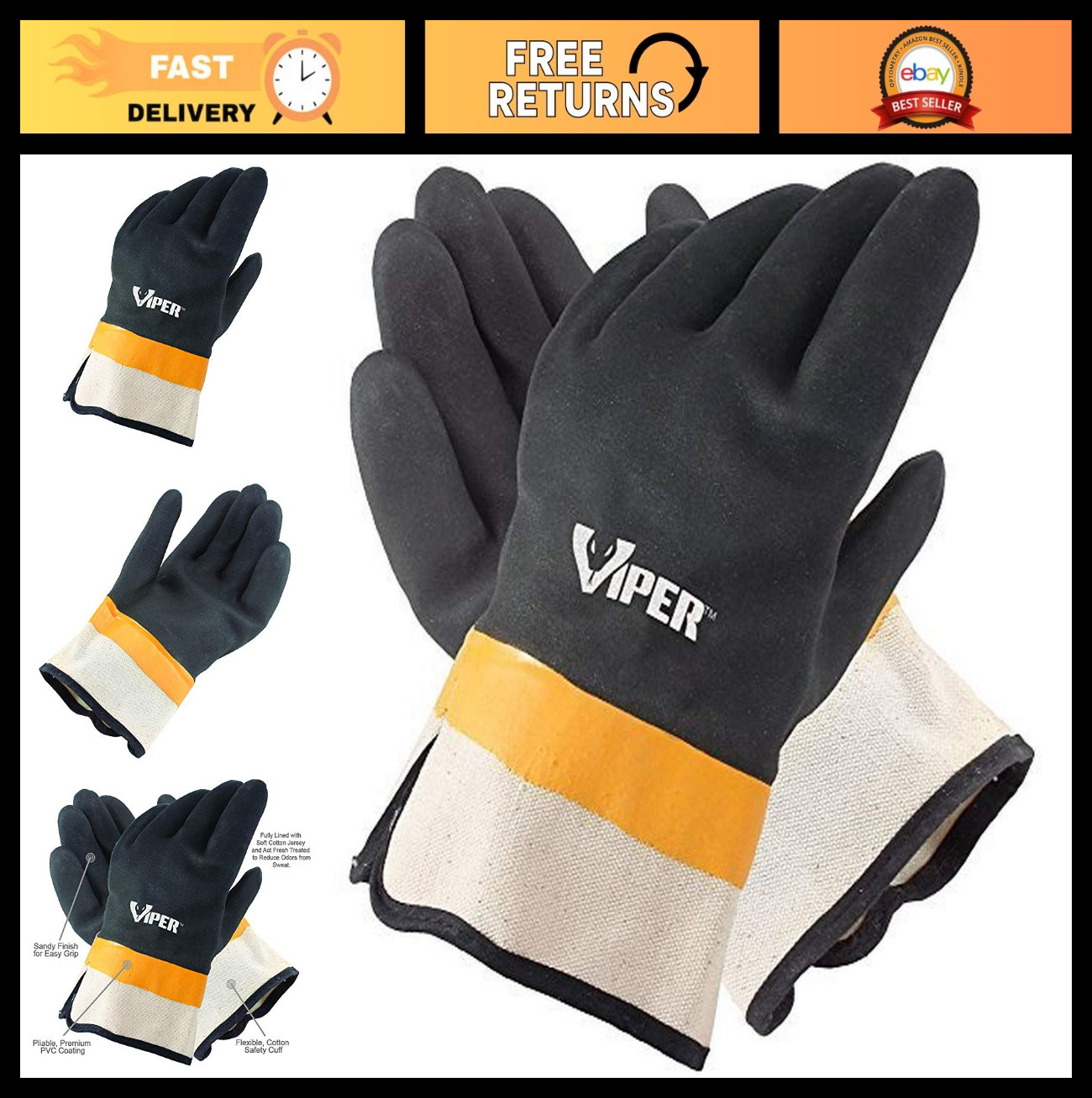 Double Coated PVC Safety Gloves, Black, X-Large, Pack of 12 – Durable & Waterpro