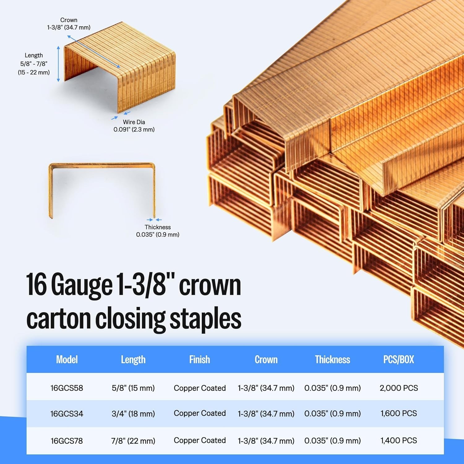 meite Carton Closing Staples 16 Gauge 1-3/8″ Wide Crown Staples
