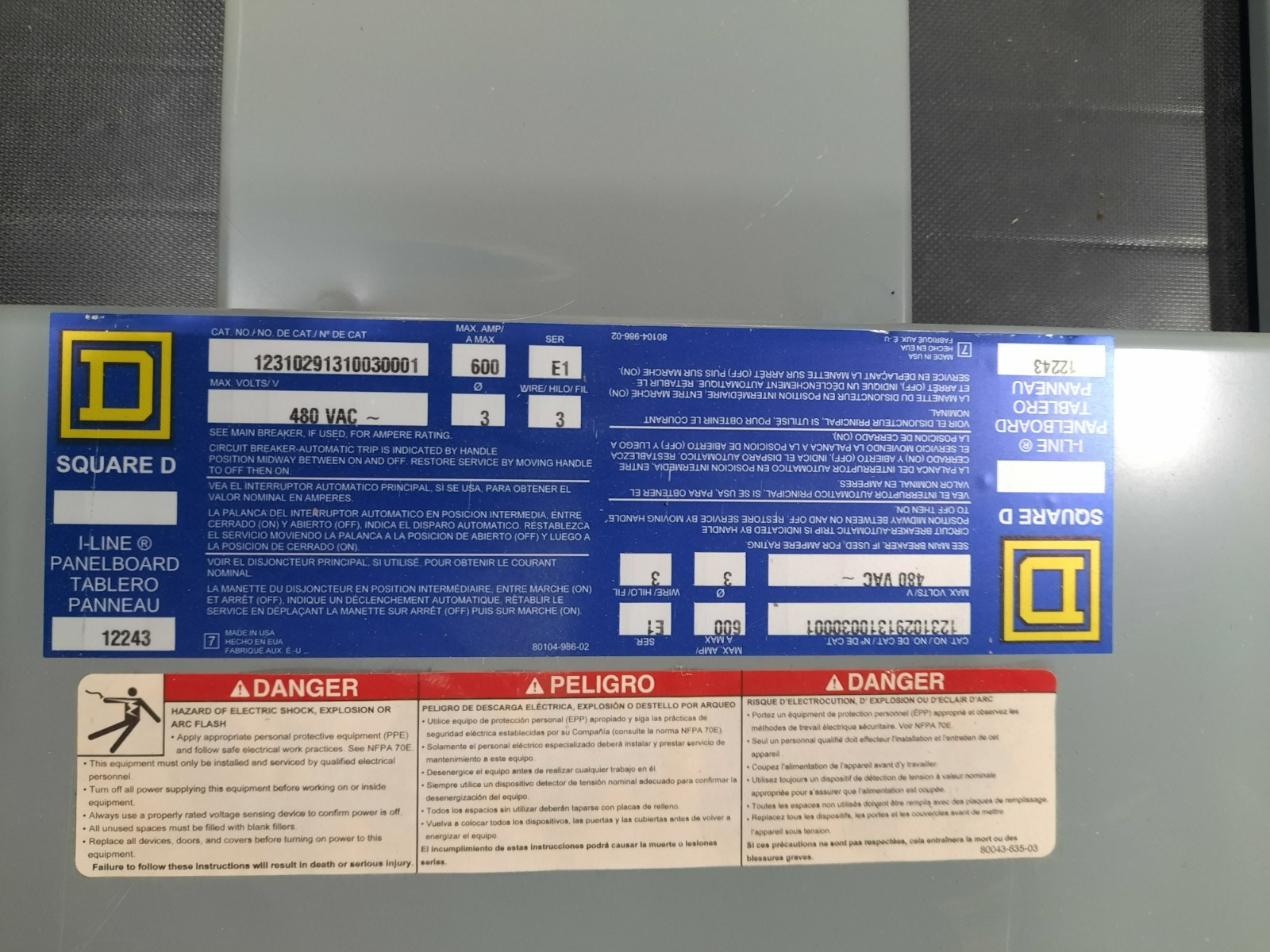 Square D I-Line Panelboard – 600A 480V 3PH 3W MCB – Indoor – Used