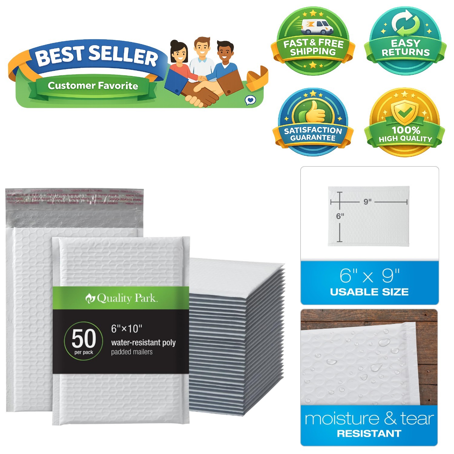 Self-Seal White Bubble Mailers 6×9 – 50 Lightweight Water-Resistant Envelopes