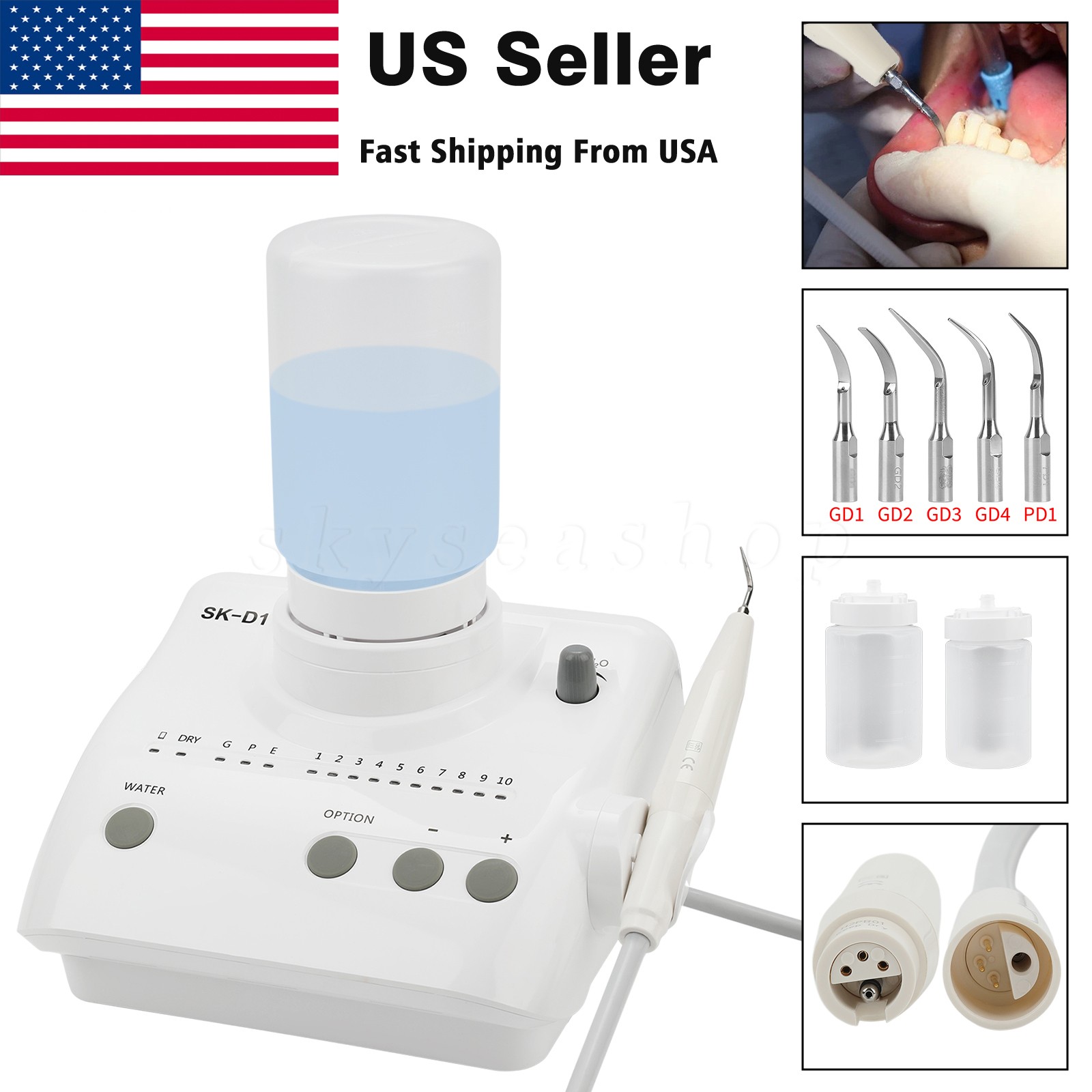 SK-D Dental Ultrasonic Scaler with 2 Water Bottles + 5 Tips DTE Free shipping