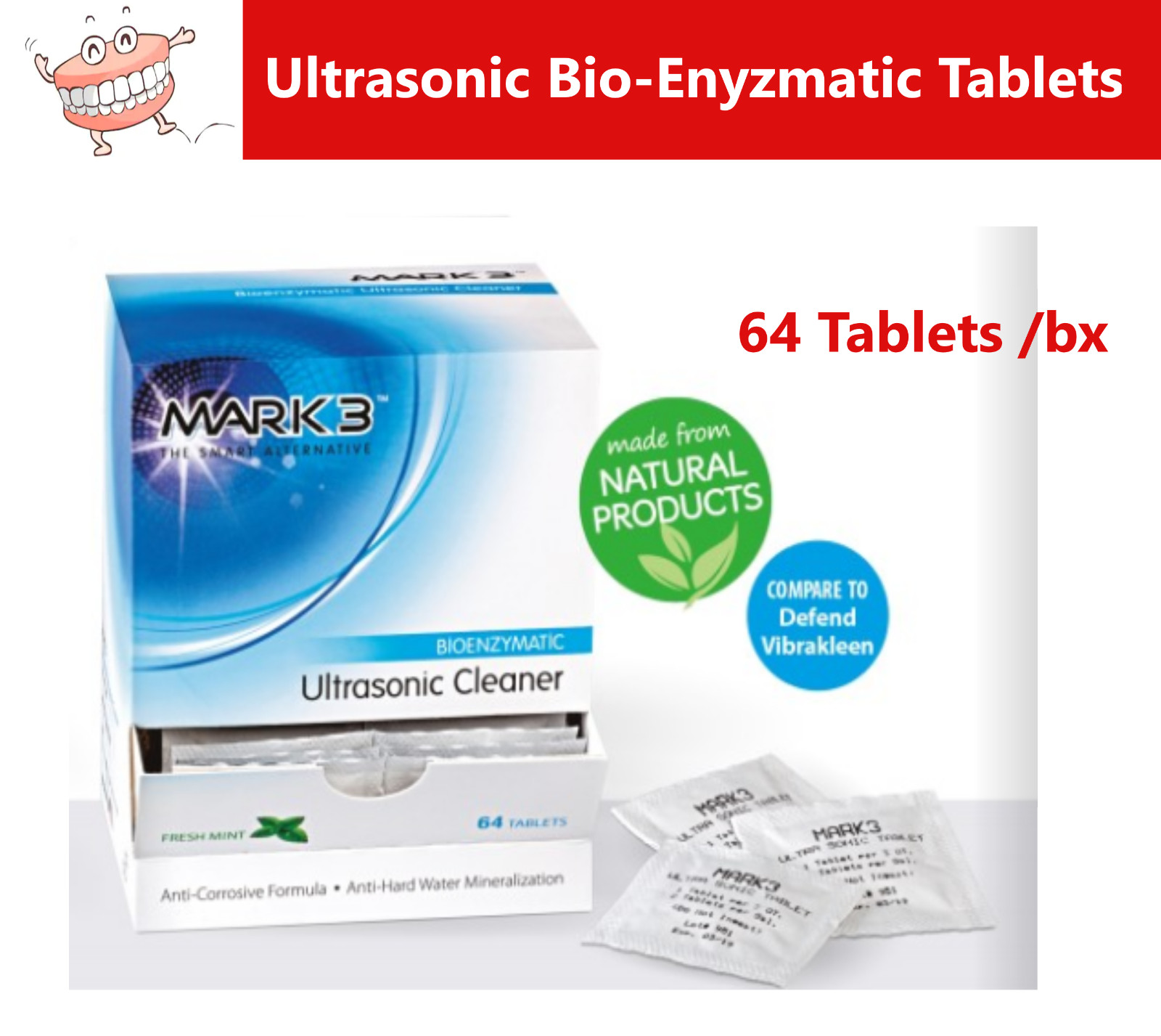 Dental Ultrasonic Bio-Enyzmatic Tablets 64/bx. Mint , Exp: 06/2024