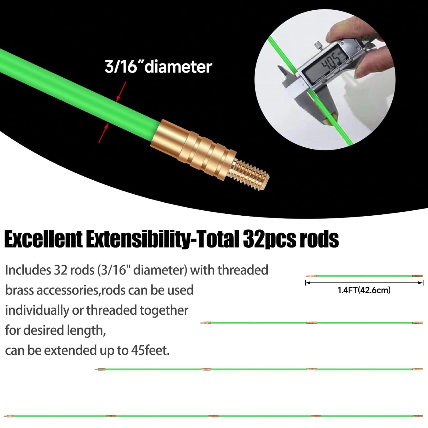 45ft Fiberglass Wire Cable Glow Rods for Electrical Wire Pulling and Fishing