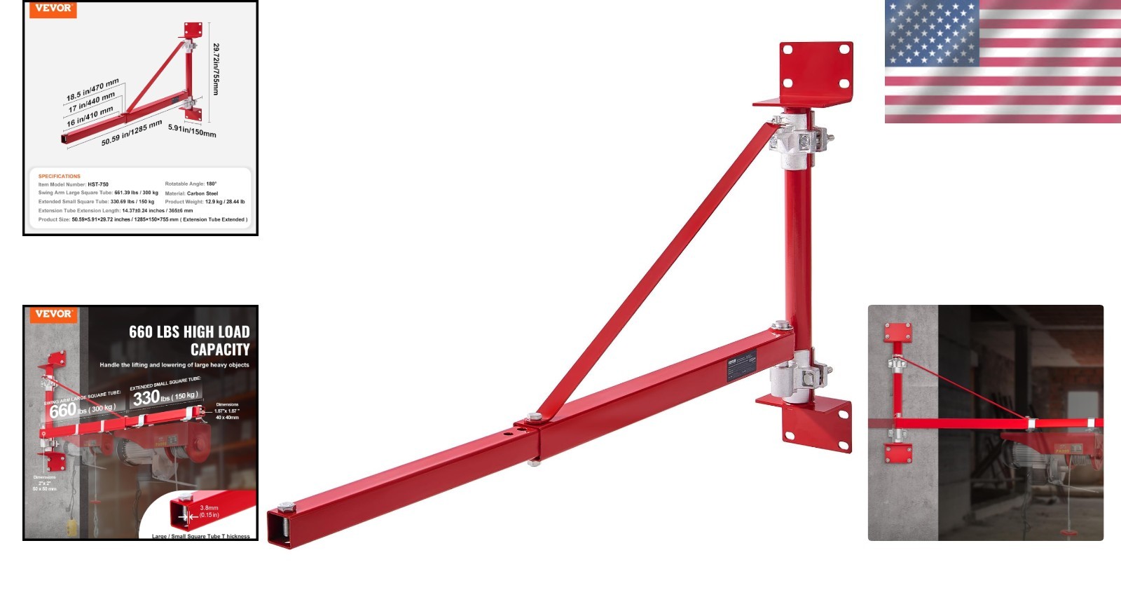 Versatile Wall-Mounted Hoist Crane, 660 lbs Capacity, Easy Installation