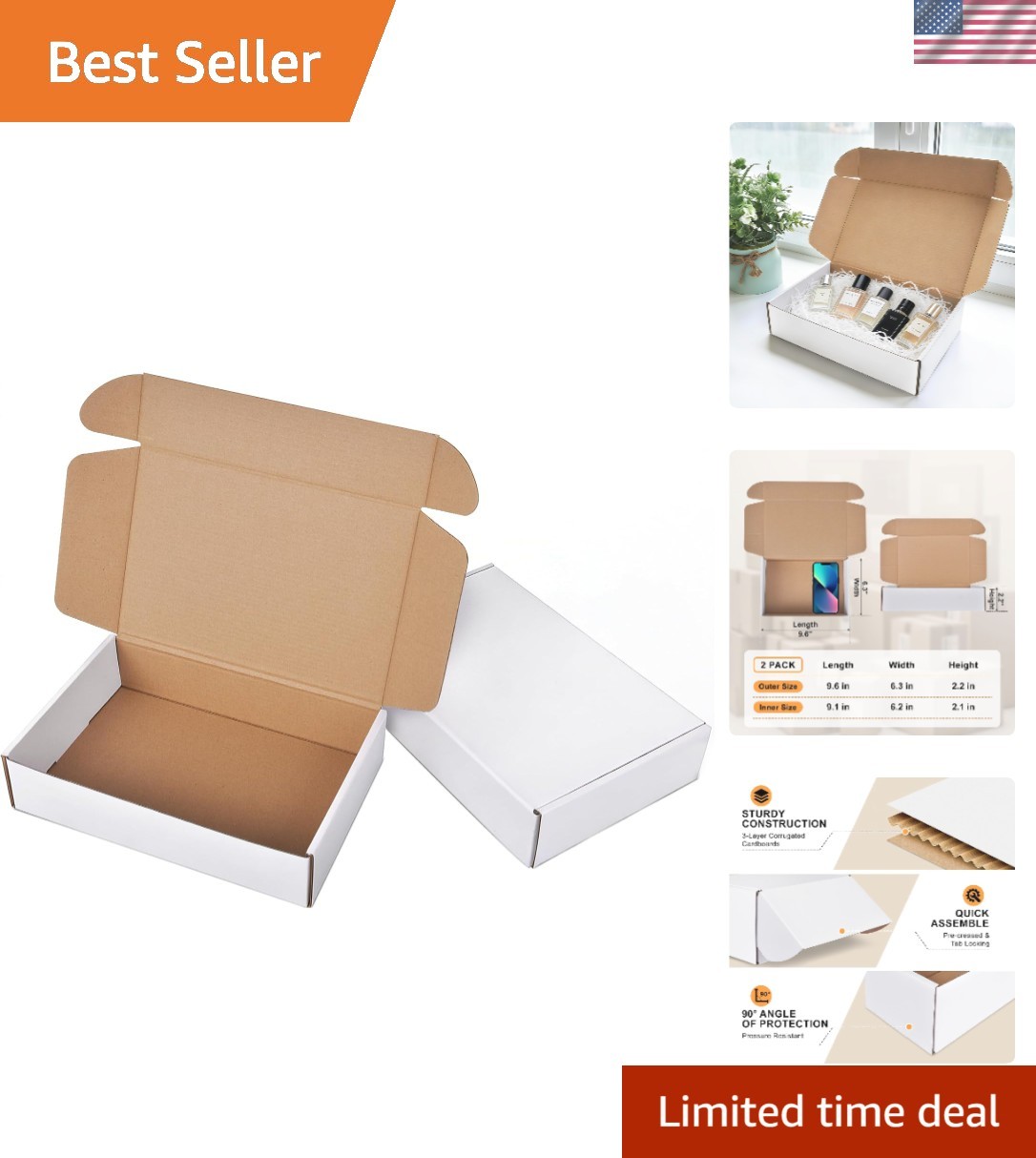 9x6x2 Inches Corrugated Shipping Boxes – 2 Pack White for Eco-Friendly Mailing
