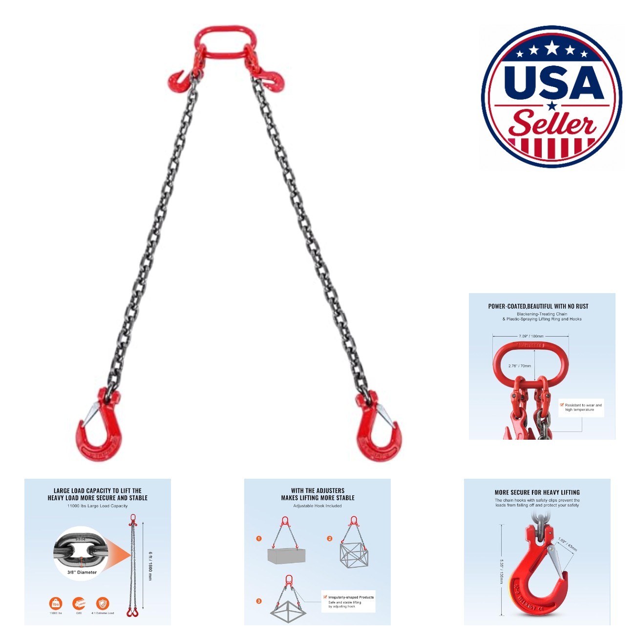 Chain Sling 2 Leg 11000 lbs Capacity 6 FT 3/8 Inch G80 Grapple Hooks Heavy Duty