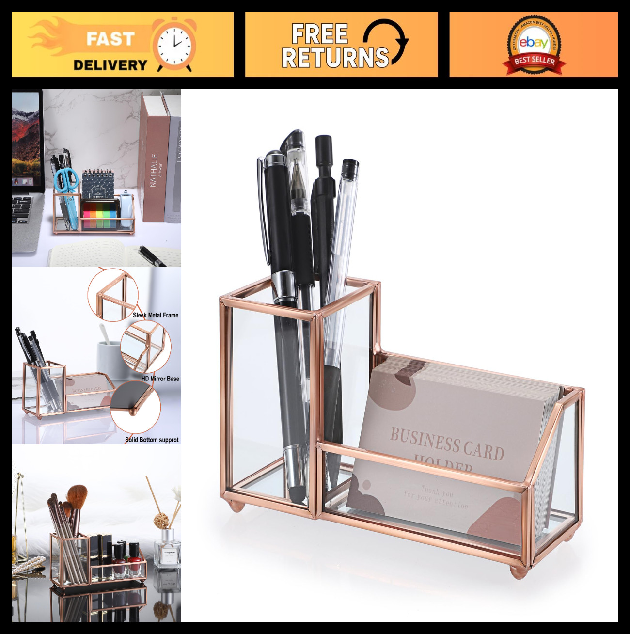 Elegant Rose Gold Business Card Organizer with Pen Holder – 2 Slot Desk Display