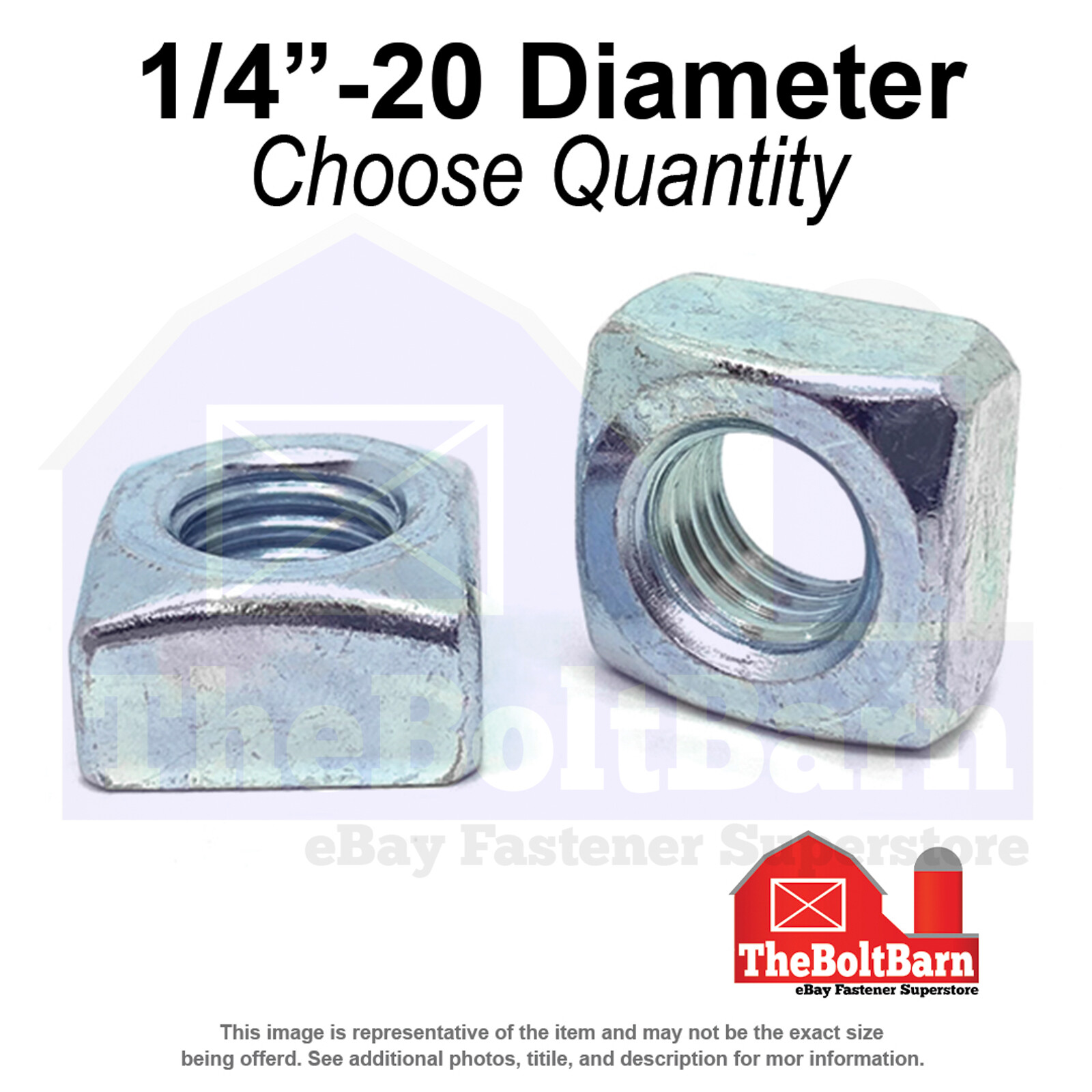 1/4″-20 Grade 2 Steel Square Nuts Zinc Clear Coarse Thread (Pick Quantity)
