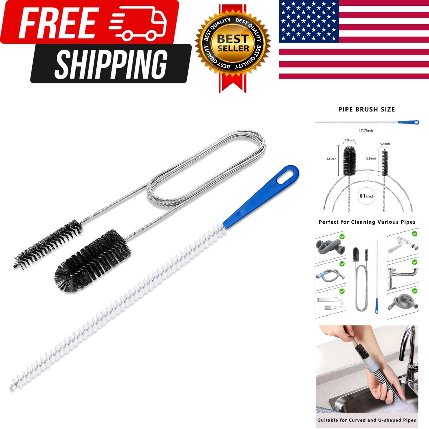 Flexible Extra Long Drain Brush, Drain Unblocker Tools,61 inch Pipe Cleaner B…