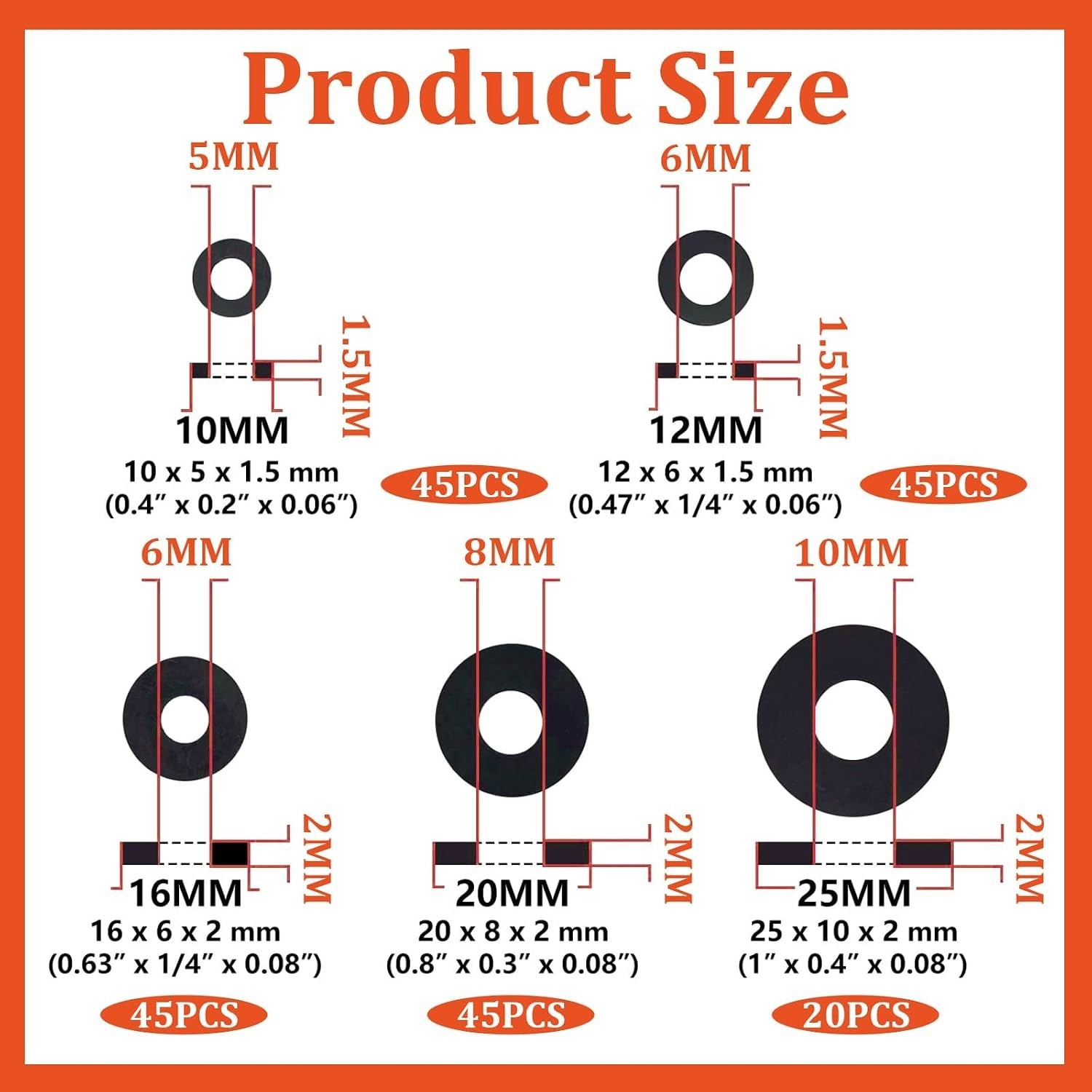 200 PCS Black Rubber Gasket, 10/12/16/20/25mm Flat Rubber Washers Assortment …