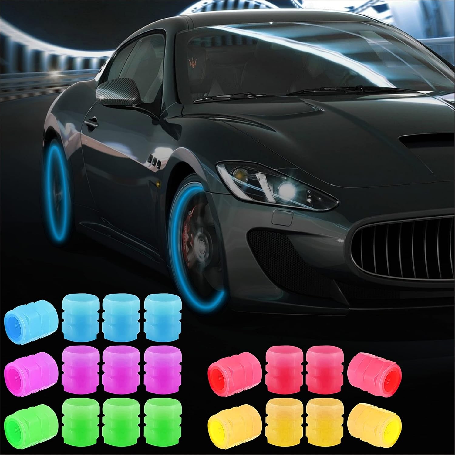 20-Piece Fluorescent Tire Valve Stem Caps, Glowing Noctilucent Color: 5 colors