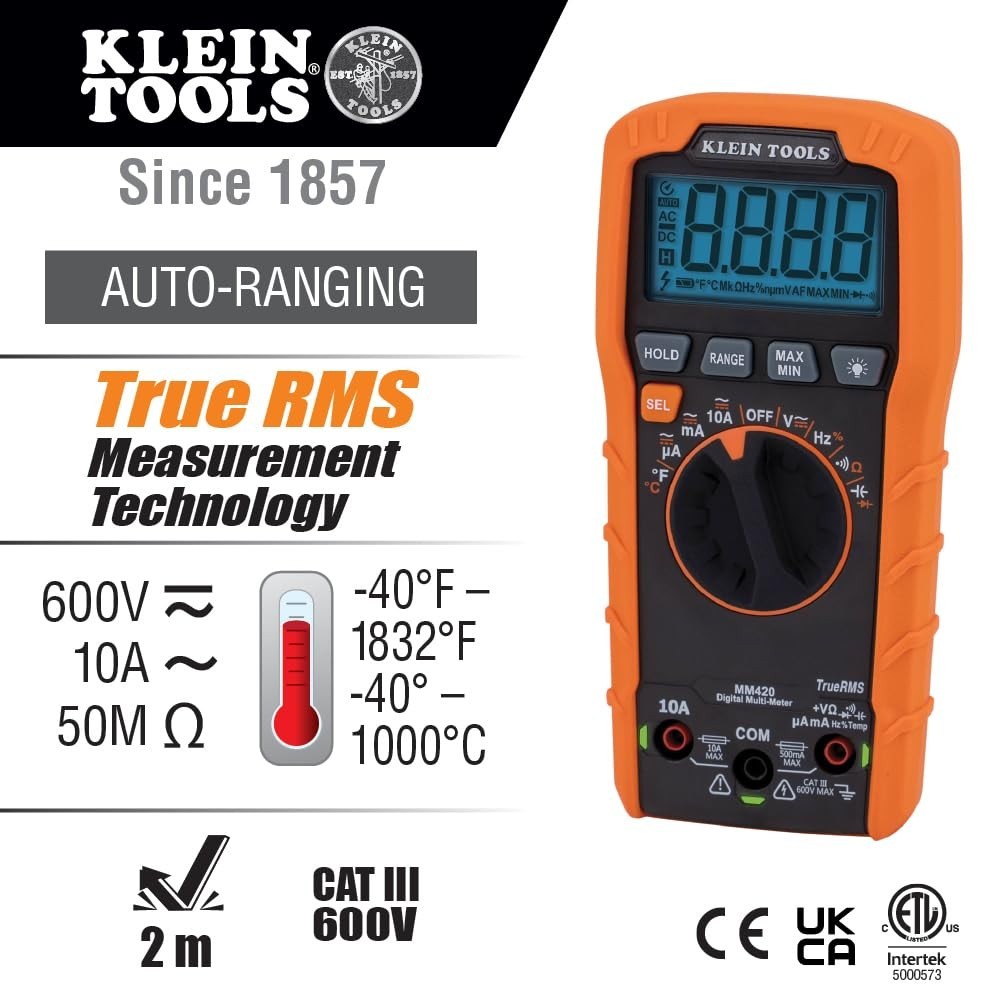 Digital Multimeter Auto-Ranging TRMS 600V AC/DC Voltage 10A Current 50MΩ Resista