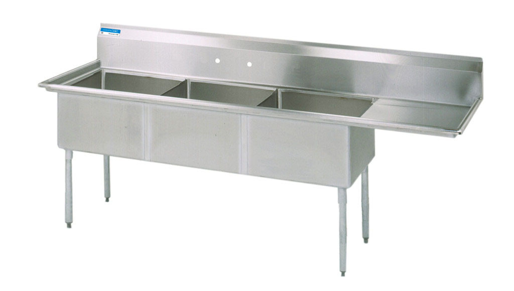 BK Resources 3 Compartment 15x15x14 Sink w/ (1) 15″ Right Drainboard