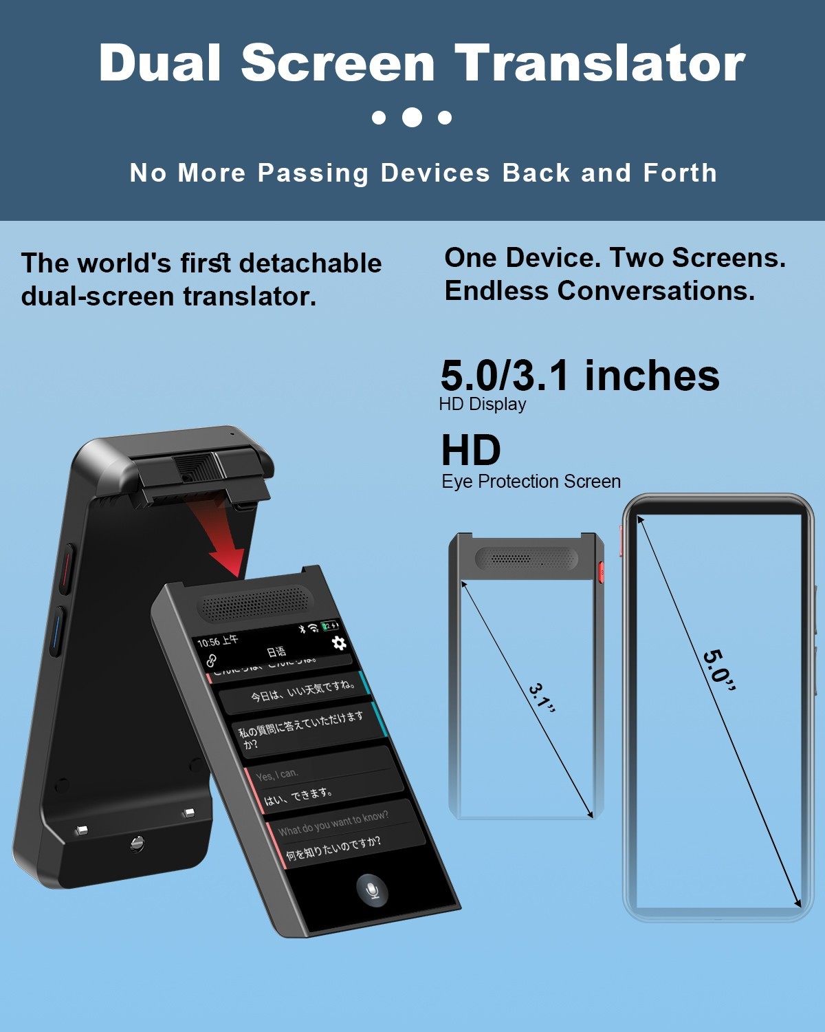 iTour D-Pro AI Dual-Screen Translator, Detachable, Real-Time Voice Translator