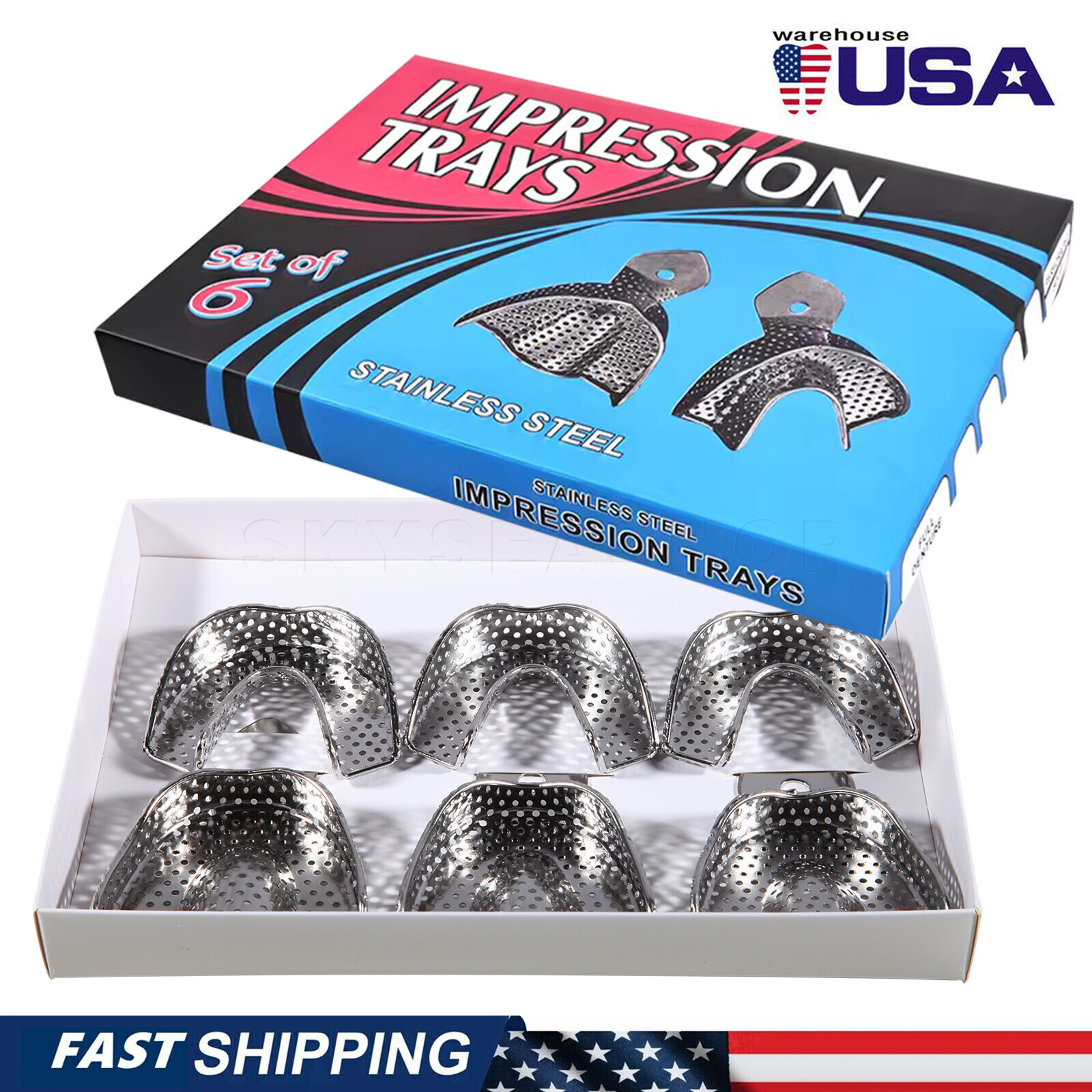 DENTAL STAINLESS STEEL NON-PERFORATED IMPRESSION TRAYS AUTOCLAVABLE SET OF 6