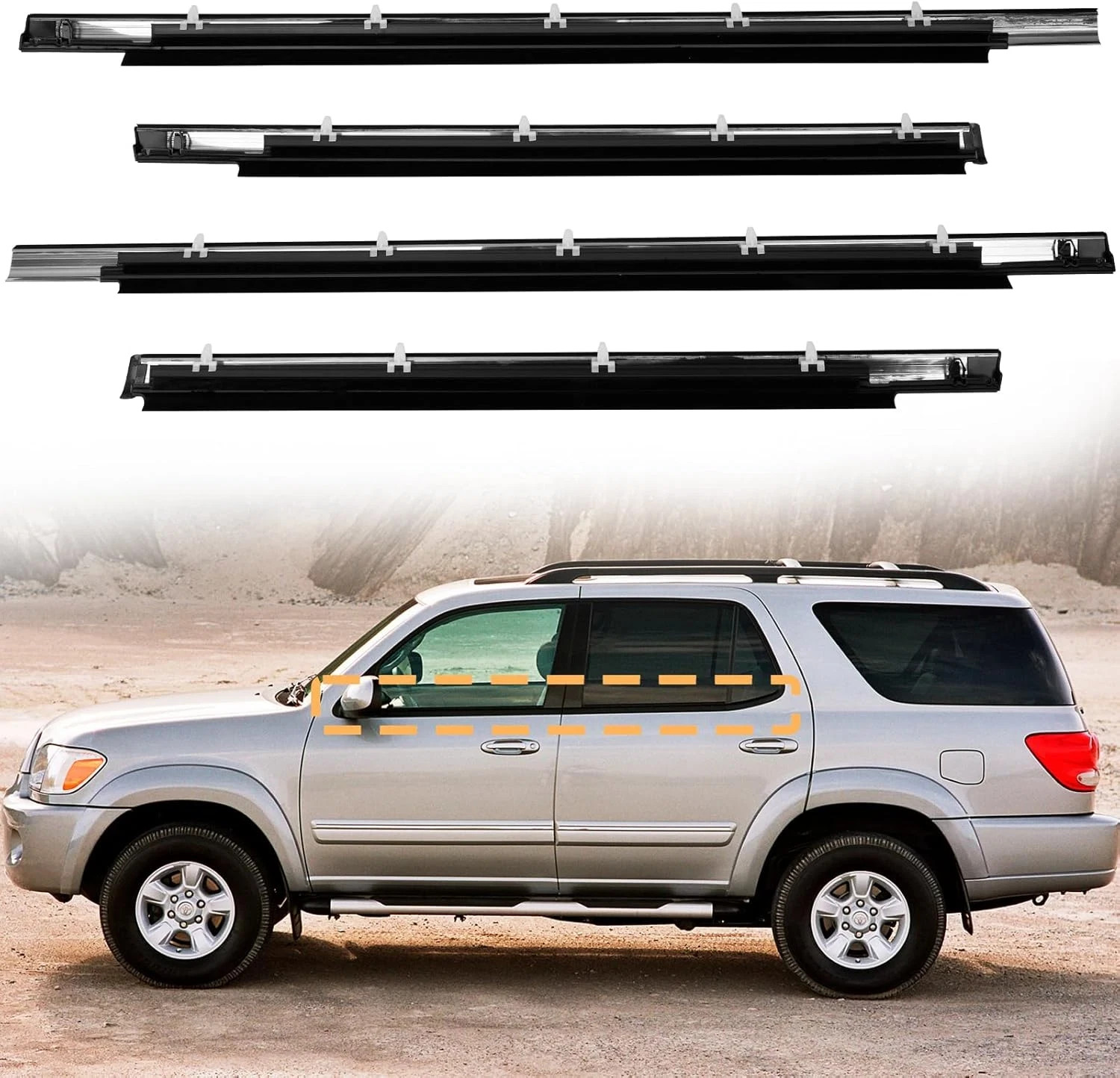 Window Belt Weatherstrip Trim 4PCS Kit for Toyota Sequoia 2001-2007 Replace