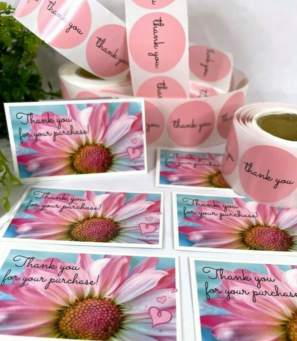 200 pc Business Set, Thank You Cards. Thank You Stickers, Pink Daisy 100 Sets