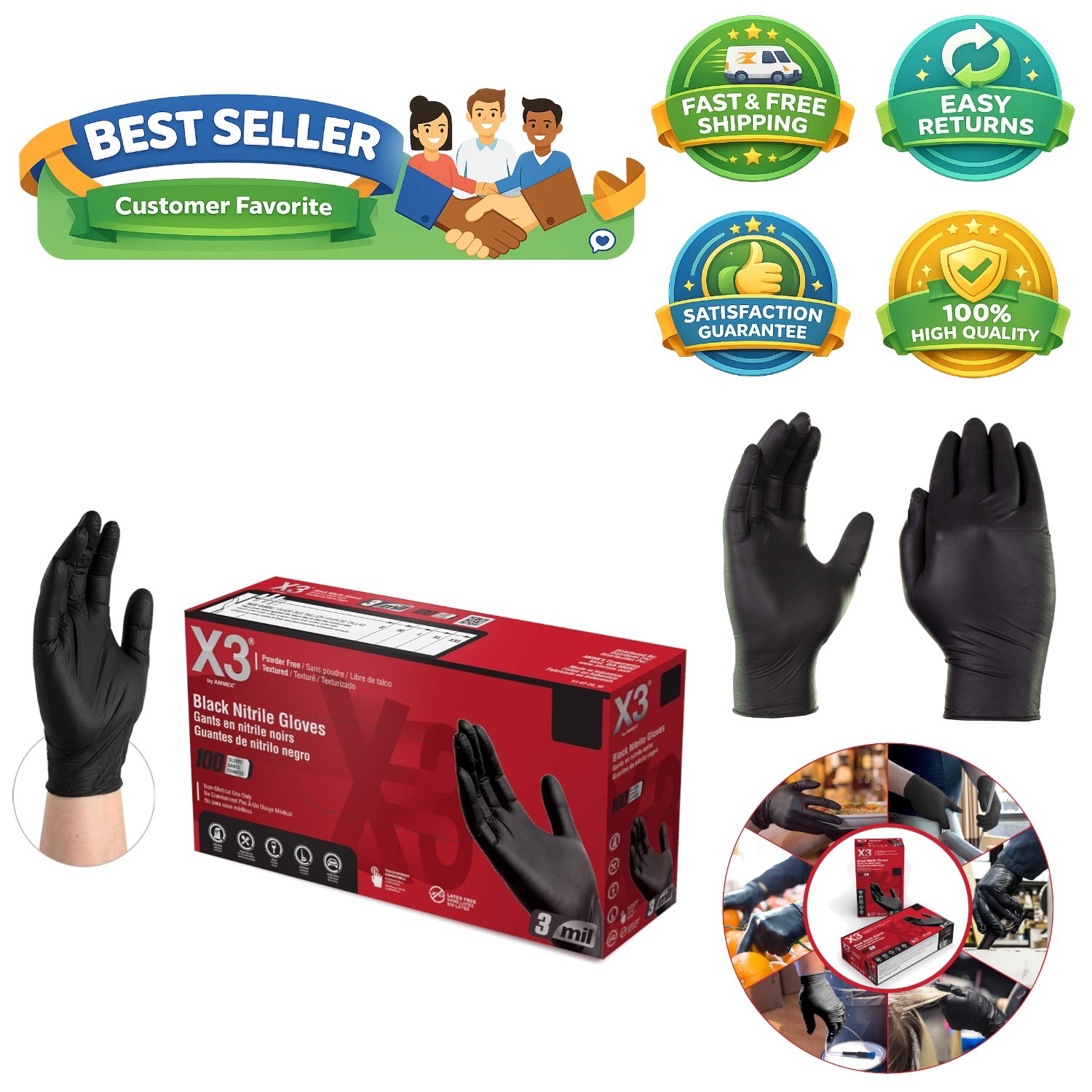Lightweight Black Nitrile Gloves, 3 Mil, Powder-Free, Ideal for Food & Cleaning