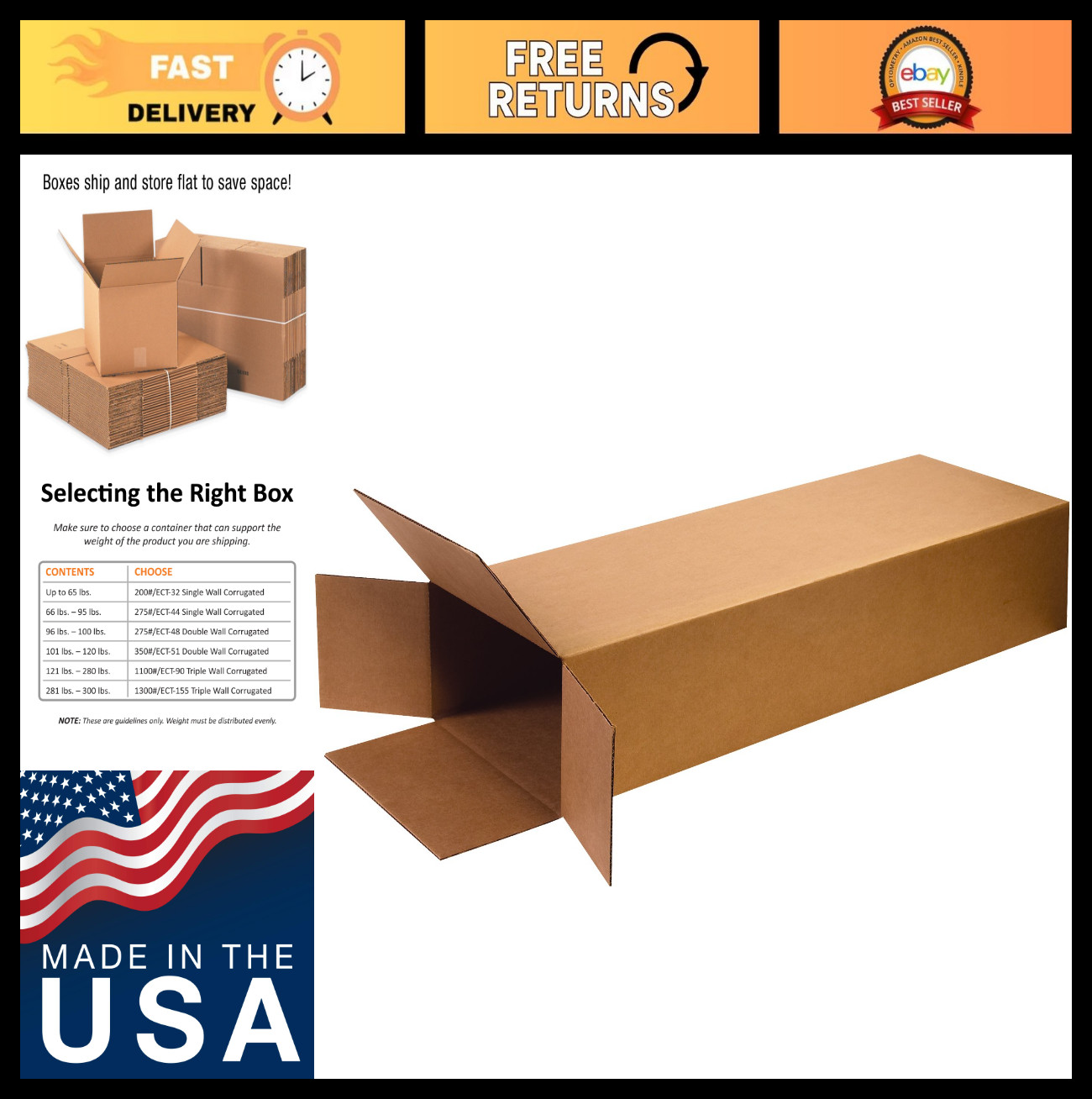 Side Loading Boxes, 18″L x 6″W x 45″H, Kraft Paper, Pack of 5 – Durable Storage