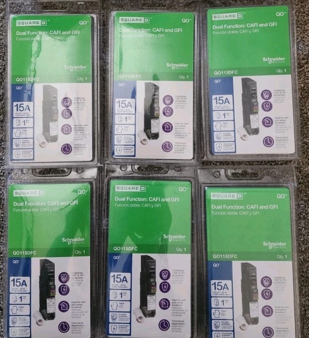 Lot of 6 Square D QO115DFC 15 Amp Dual Function 1-Pole Pigtail Breakers GFI CAFI