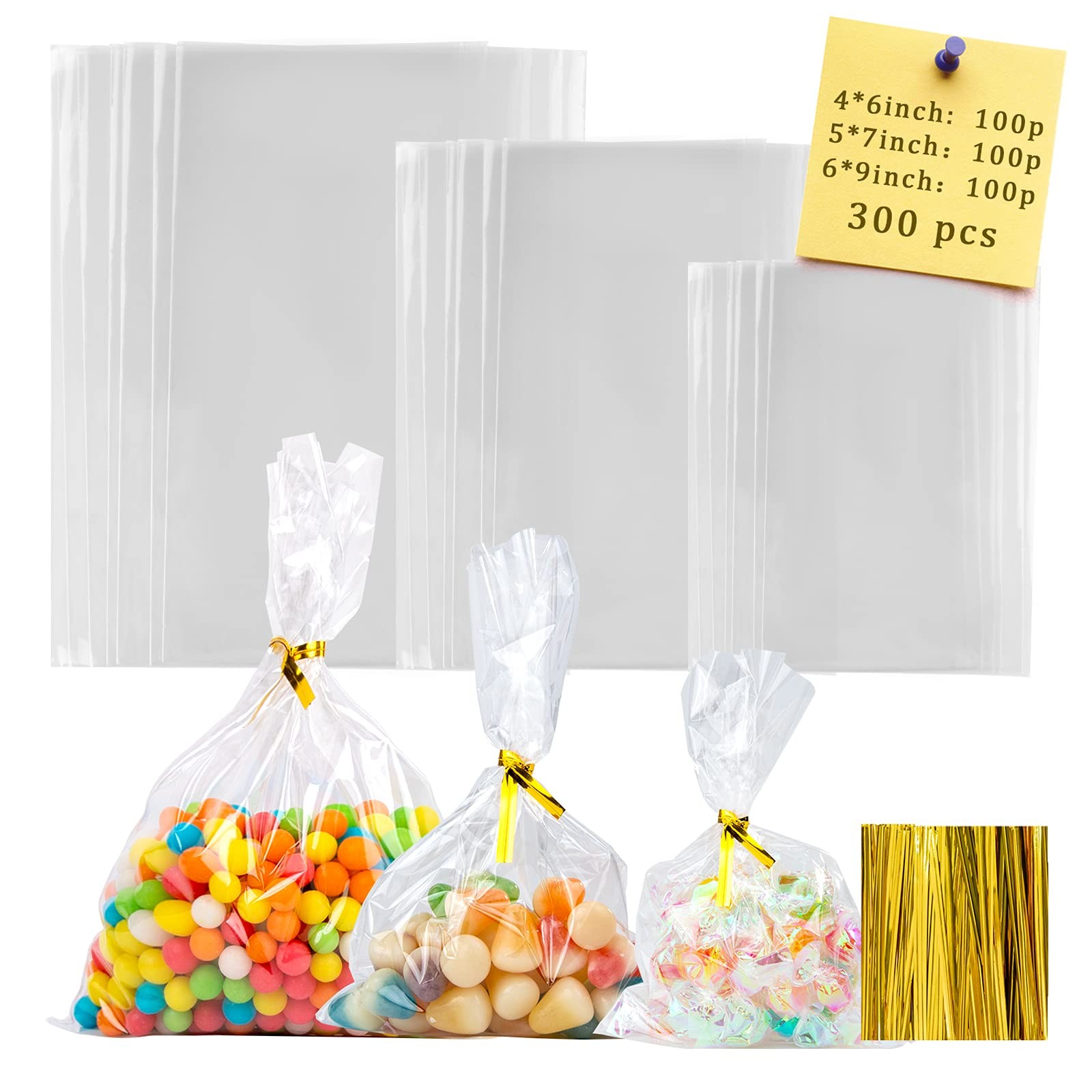 300pcs Cellophane Bags 6X9 5X7 4X6 Cellophane Treat Bags with Ties Goodie Bag Cl