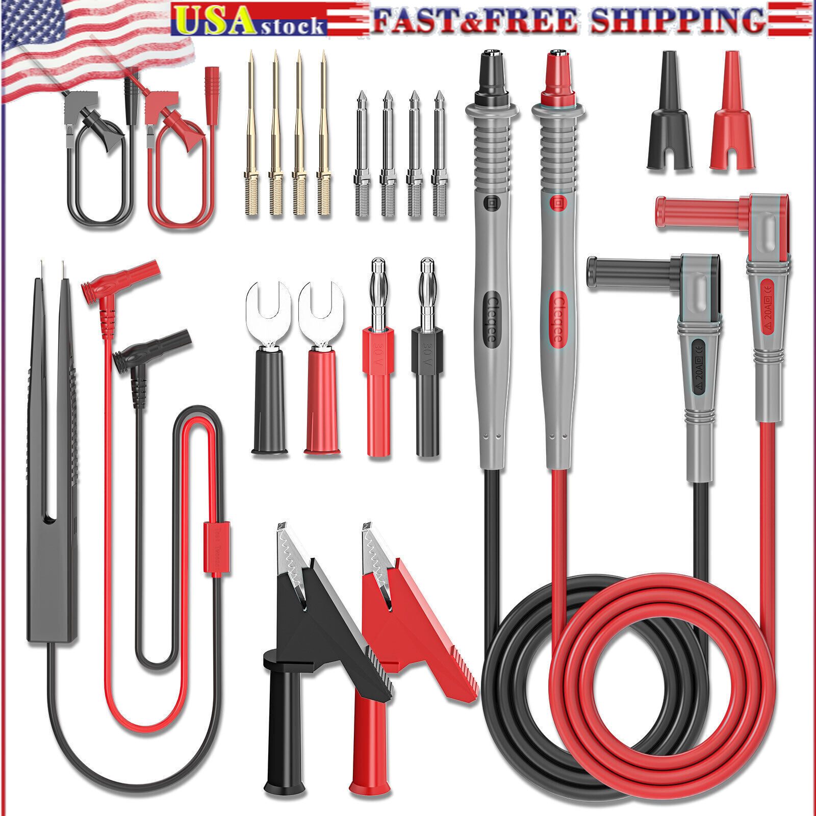 Multimeter Test Lead Kit with Alligator Clip Banana Plug Digital Electric 21PCS