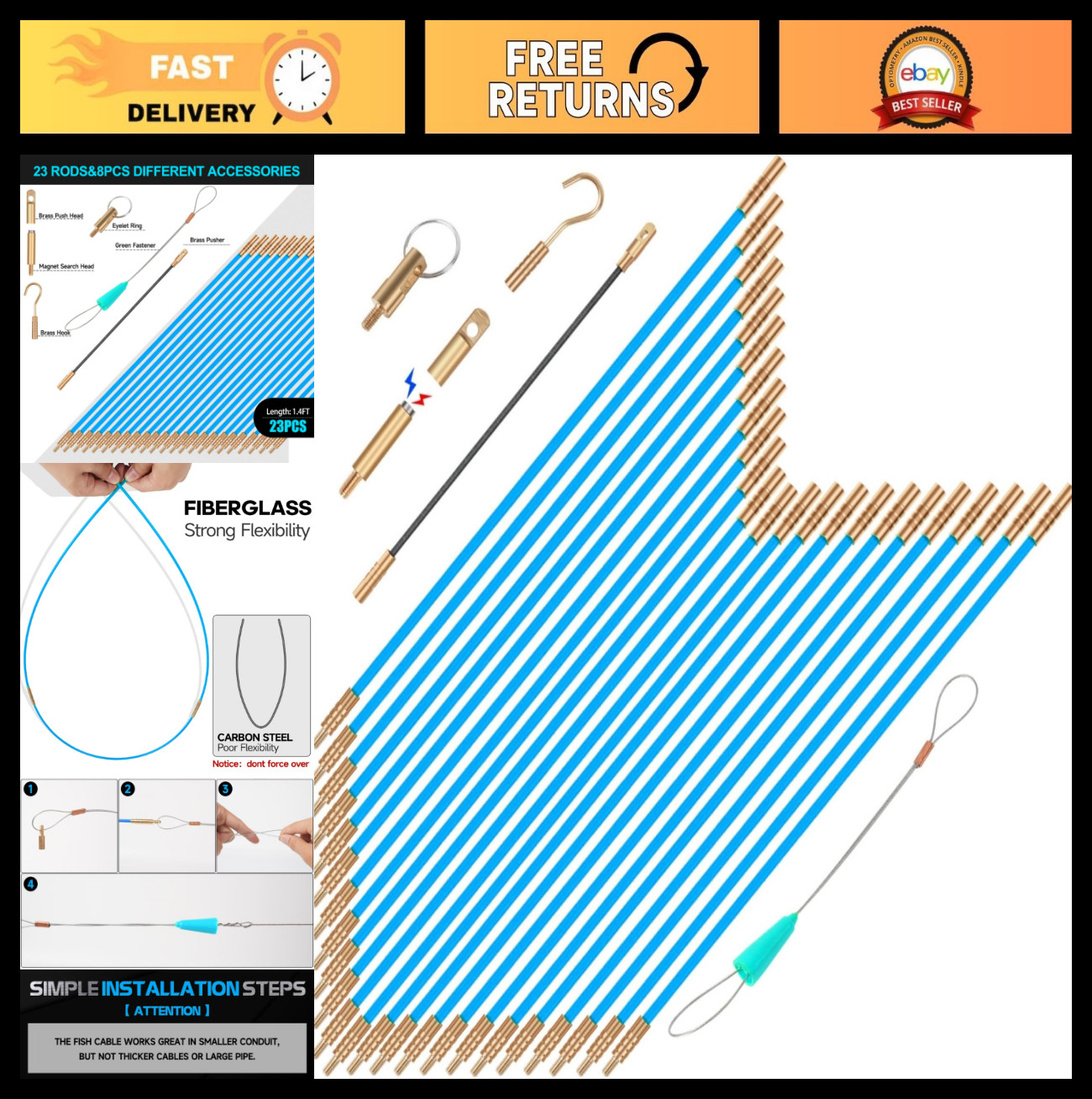 32.2FT Fiberglass Glow Rods for Wire Pulling – Electrical Cable Fishing Kit with