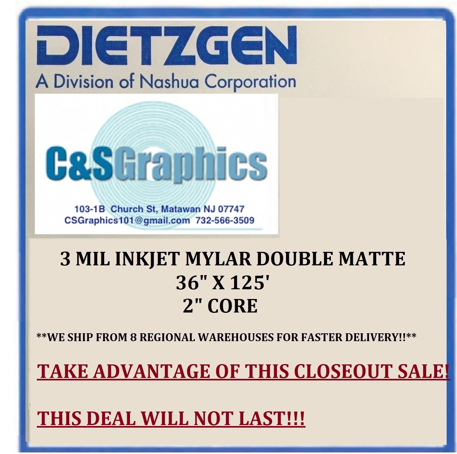 1 ROLL 36″ x 125′ 3 mil Double Matte Inkjet Mylar Plotter Film