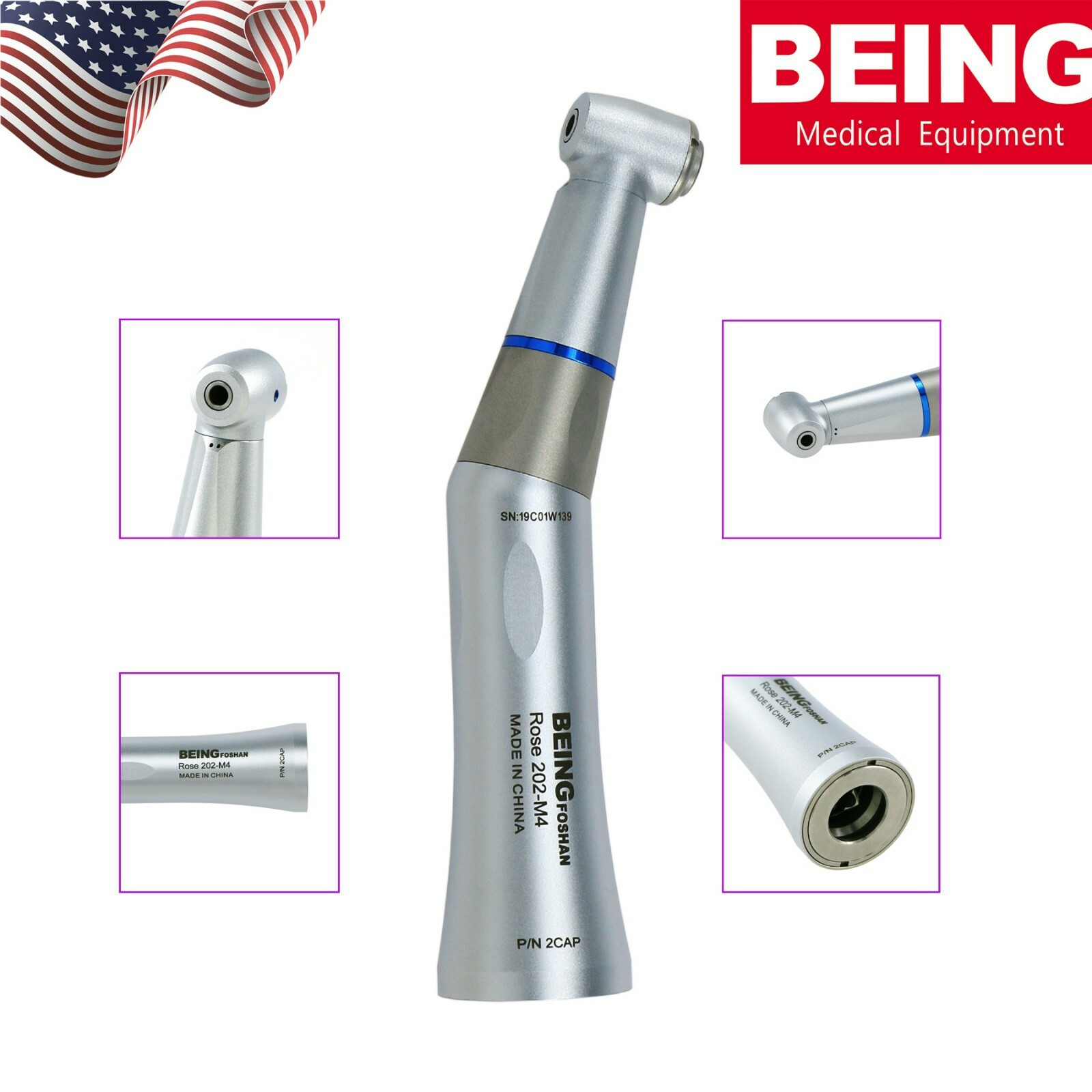 US BEING Dental Low Speed Fiber Optic Contra Angle Handpiece E Type Fit NSK KAVO