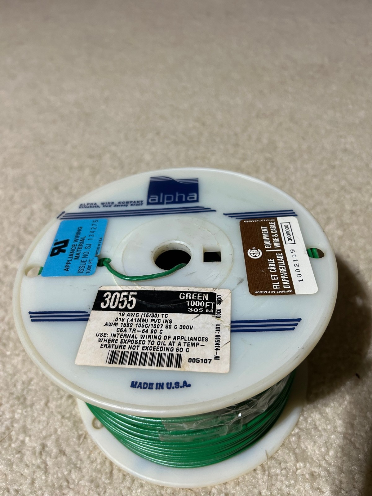 1000 ft, Alpha Wire 3055 Hook-up Wire 18AWG strand 16/30 , Green color