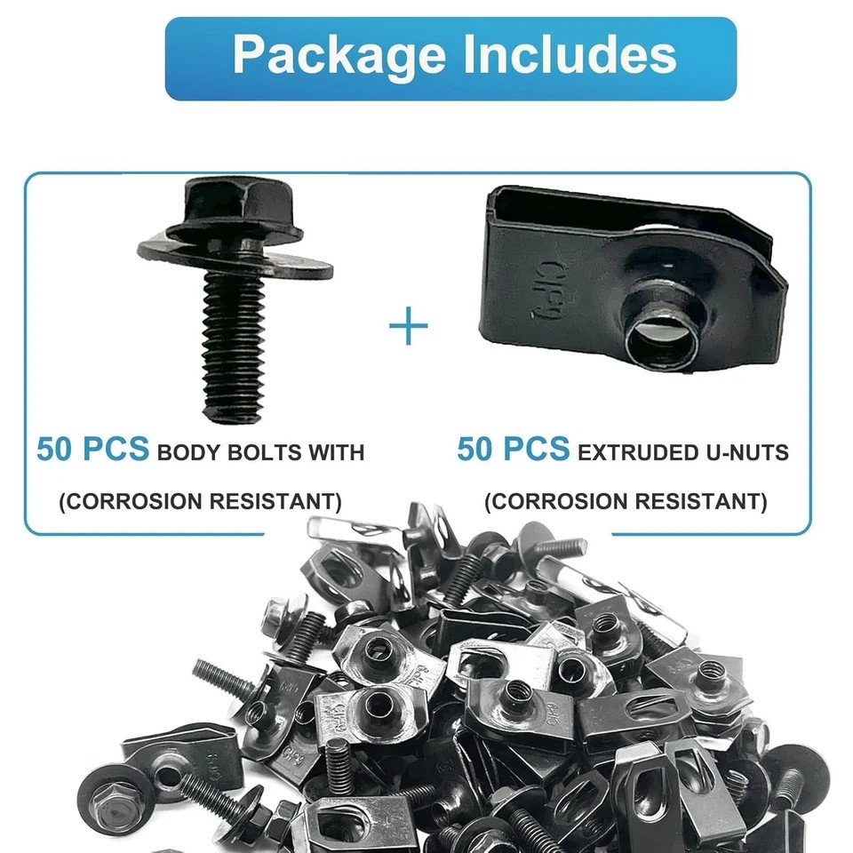 100 Pcs M6-1.0 Body Bolts and U Nuts Kits, Bumper Fender Liner Push Pull -Black