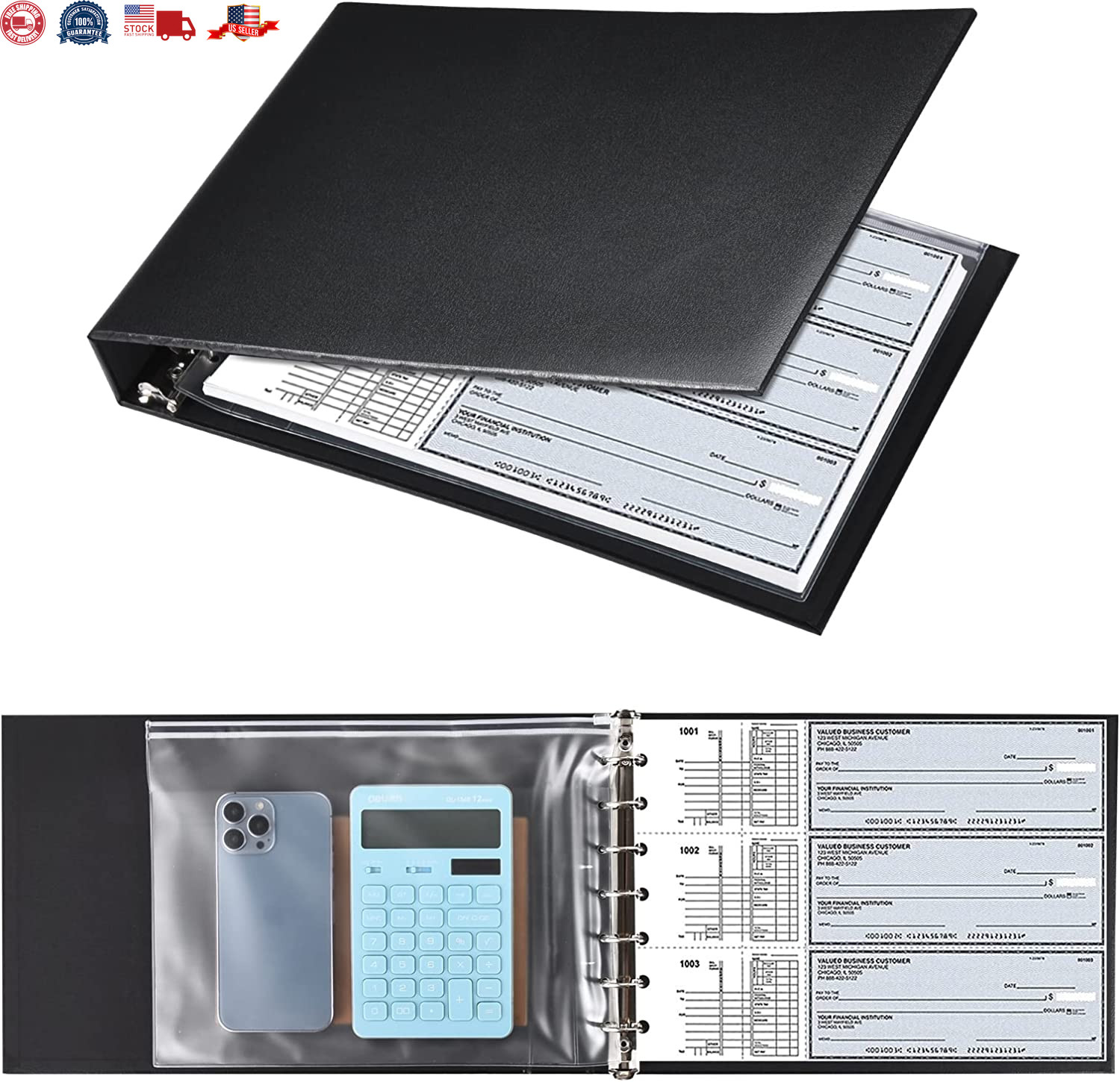 7 Ring Check Binder, 3-On-A-Page Business Checkbook Holder, 500 Checks Capacity